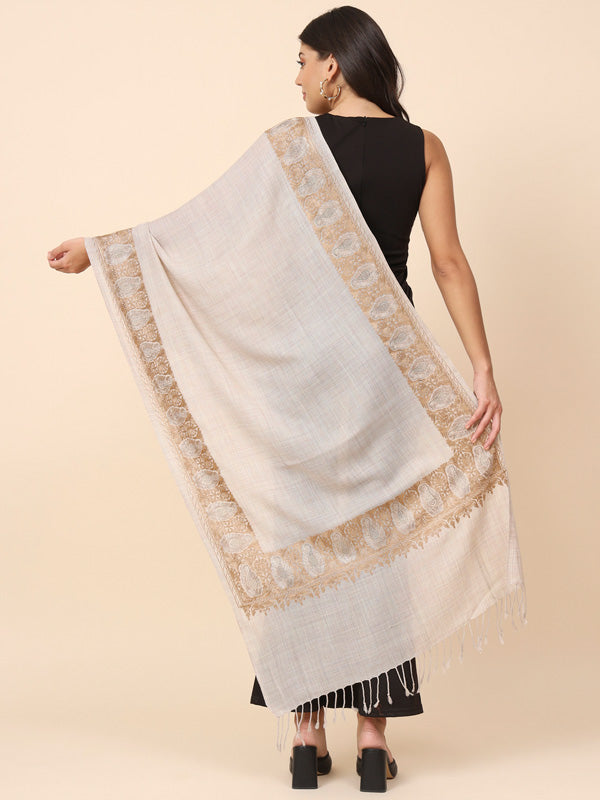 Women Light Beige Crystal Embellished Embroidered Stole (Size 71X203 CM)