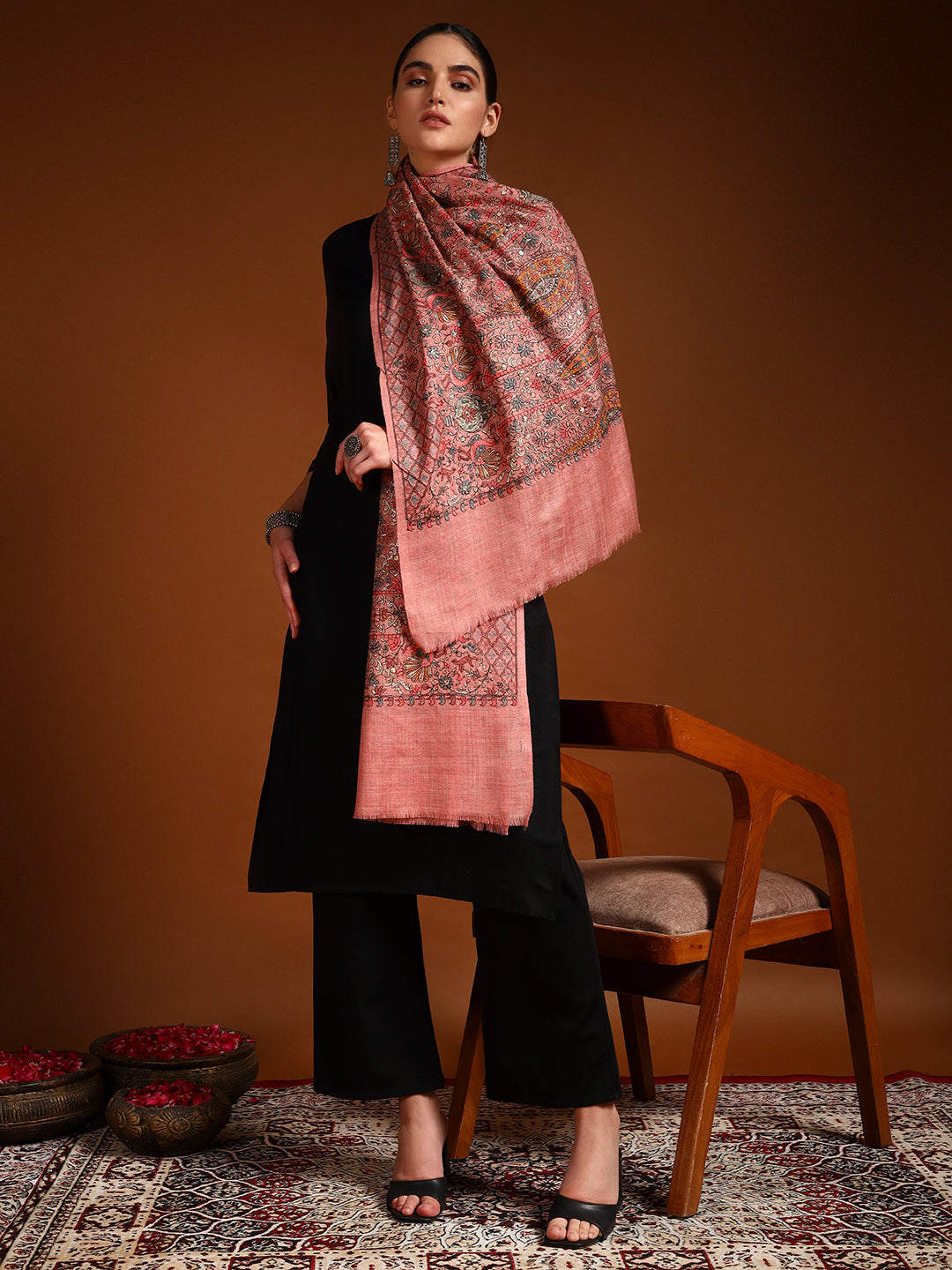 Pashmoda Women Nafeesah 100% Pure Wool Sozni Hand Embroidered Stole (Size-71x203cm)