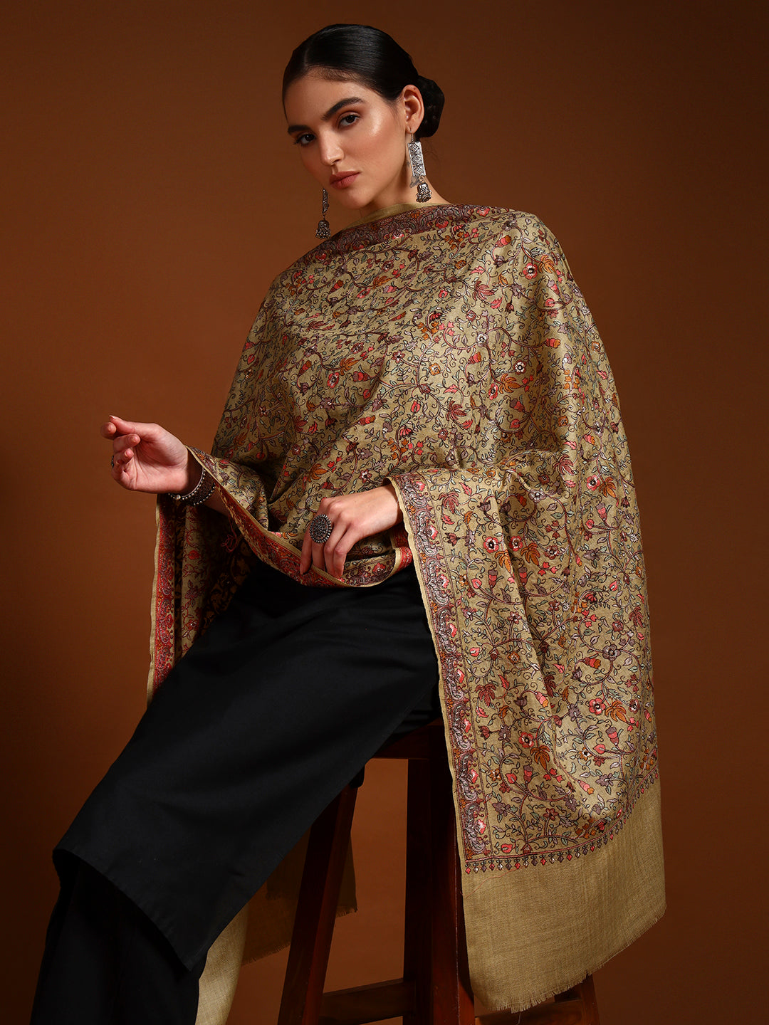 Pashmoda Women Shabnum 100% Pure Wool Sozni Hand Embroidered Stole (Size-71x203cm)