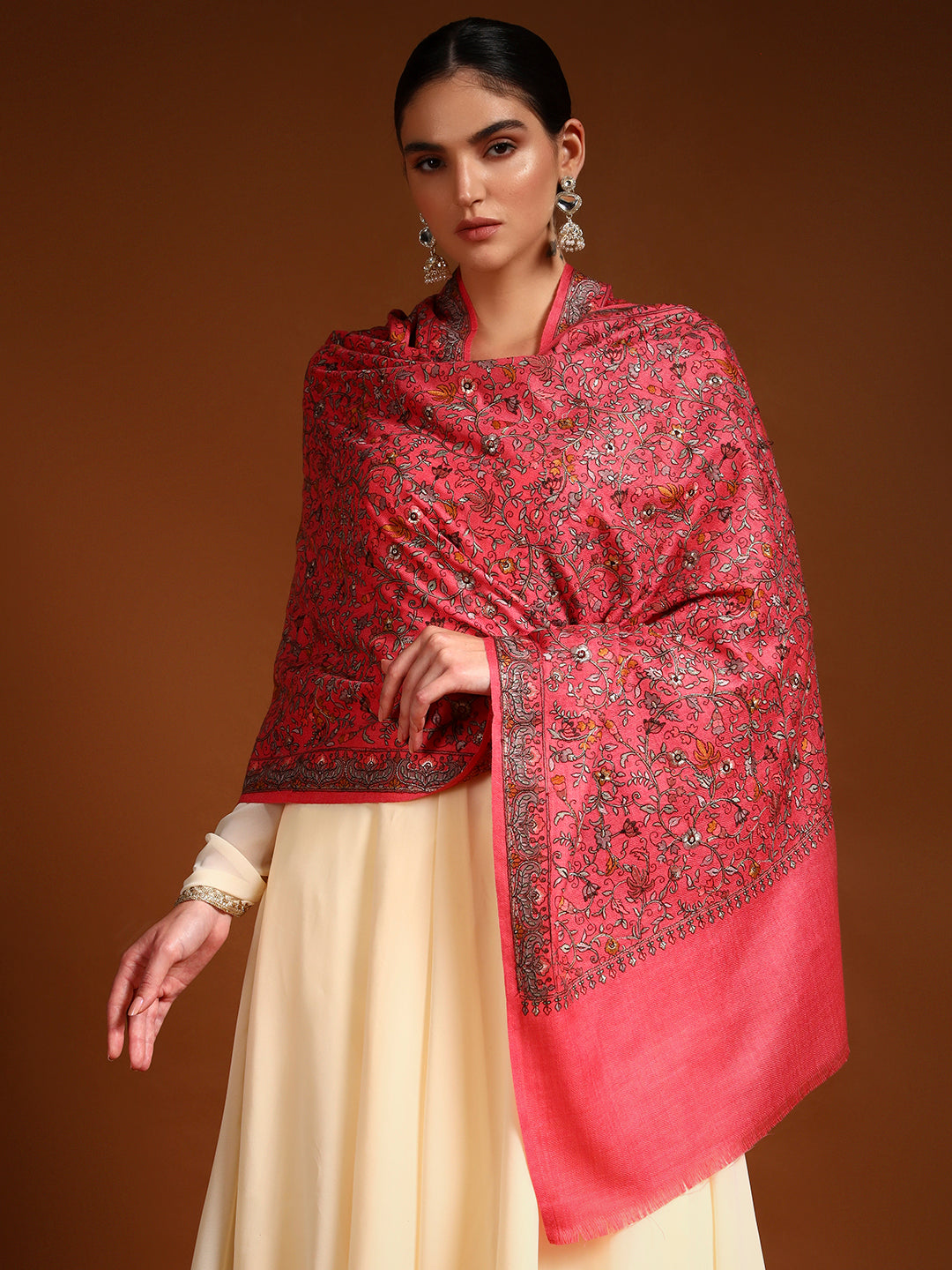 Pashmoda Women Shabnum 100% Pure Wool Sozni Hand Embroidered Stole (Size-71 × 203 cm)