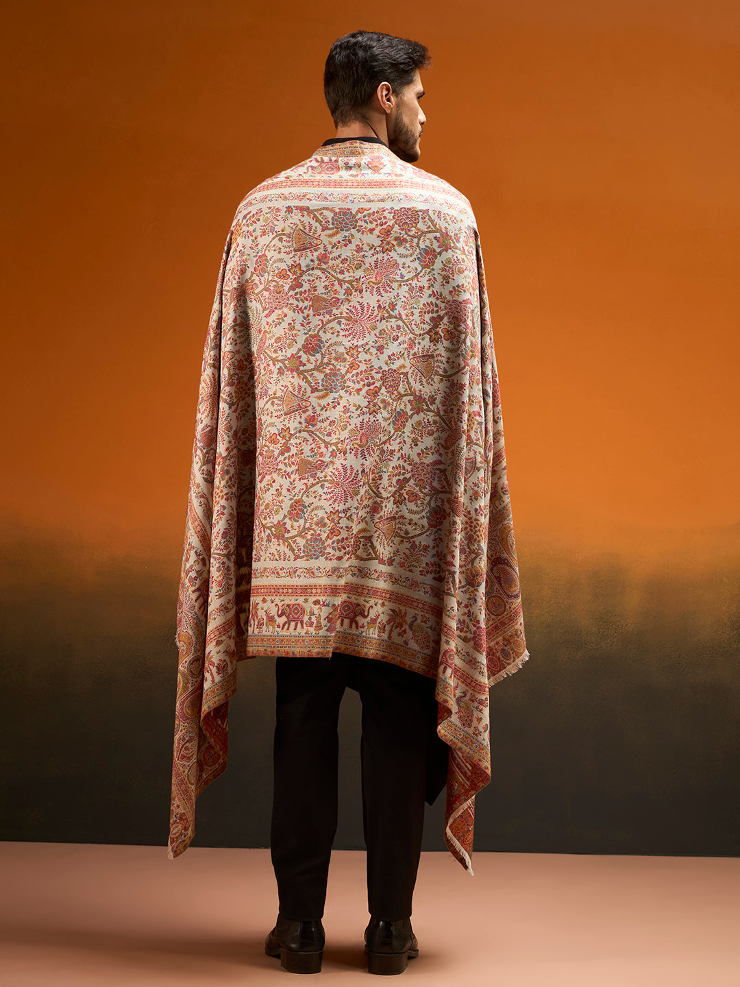 Pashmoda Men Kaani Orchard Fine Wool Kaani Shawl, Authentic Kashmiri Pashmina Style Wrap, Medium Gents Lohi, Traditional Jamawar Woven Design, Gift Box Packed, White Colour (40 x 80 Inches)