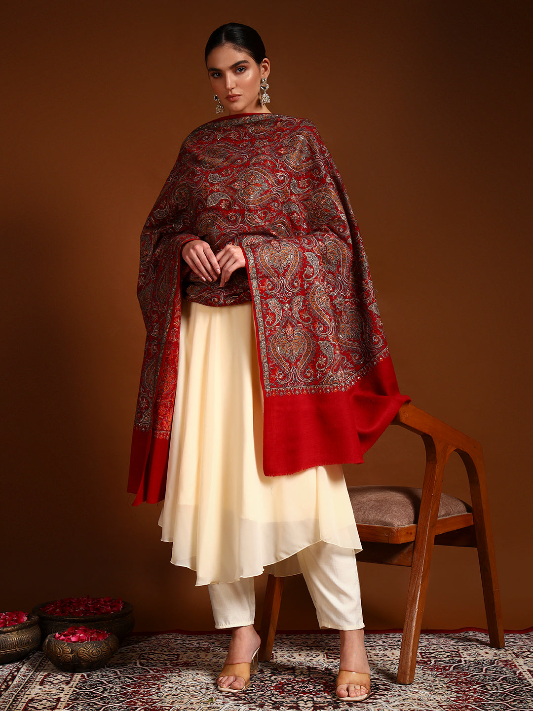 Pashmoda Women Rehnan 100% Pure Wool Sozni Hand Embroidered Shawl (Size: 101x203 Cm)