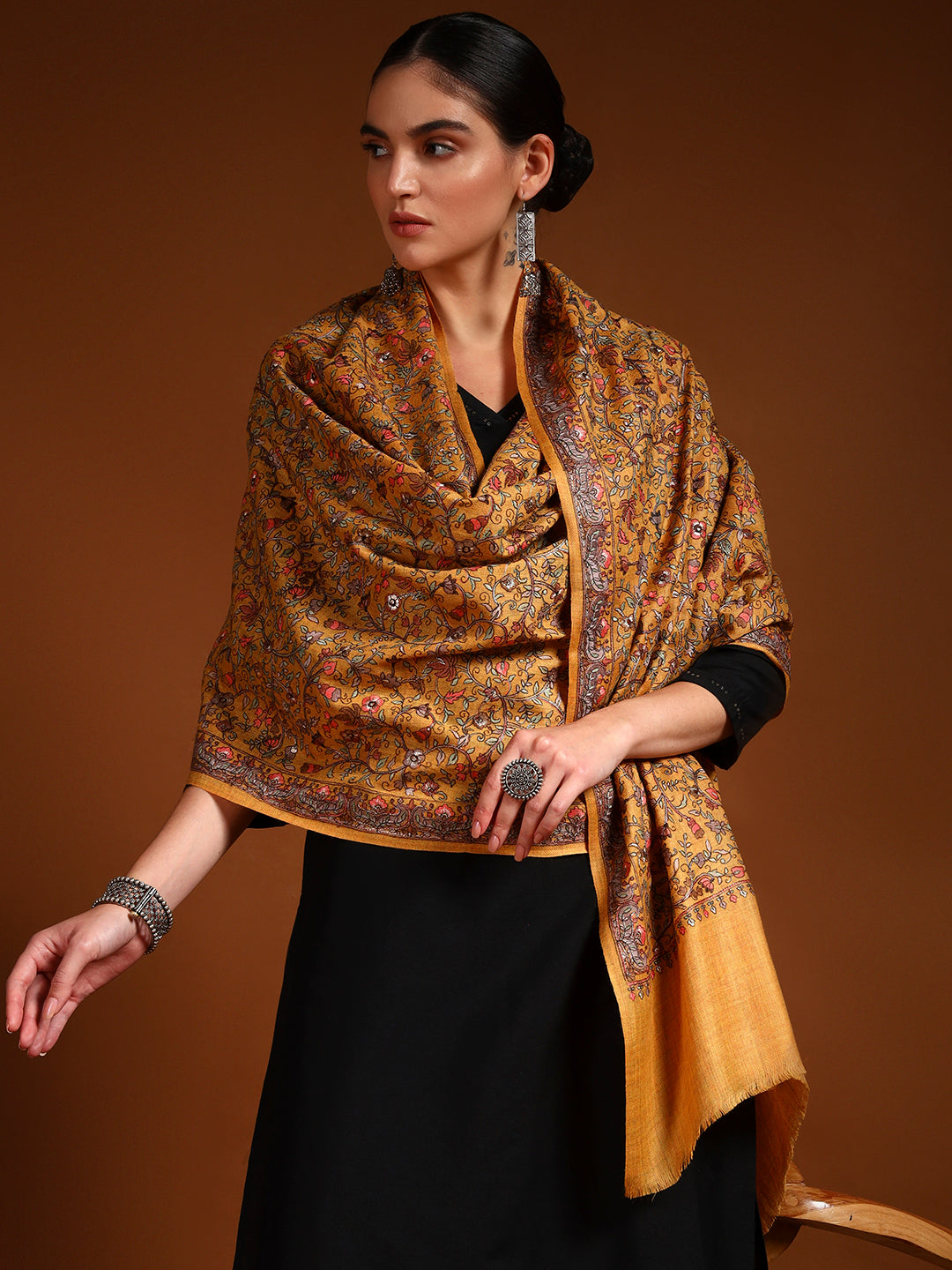 Pashmoda Women Shabnum 100% Pure Wool Sozni Hand Embroidered Stole (Size-71 × 203 cm)