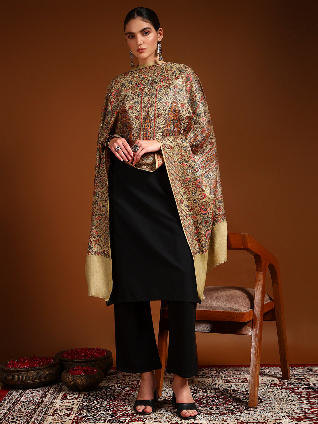 Pashmoda Women Nafeesah 100% Pure Wool Sozni Hand Embroidered Stole (Size-71x203cm)