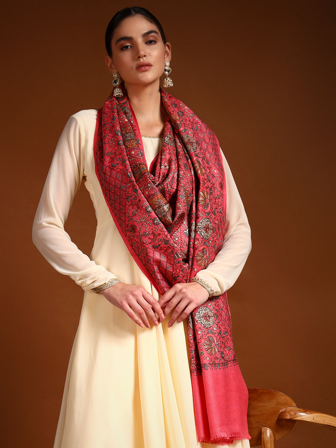 Pashmoda Women Nafeesah 100% Pure Wool Sozni Hand Embroidered Stole (Size-71x203cm)