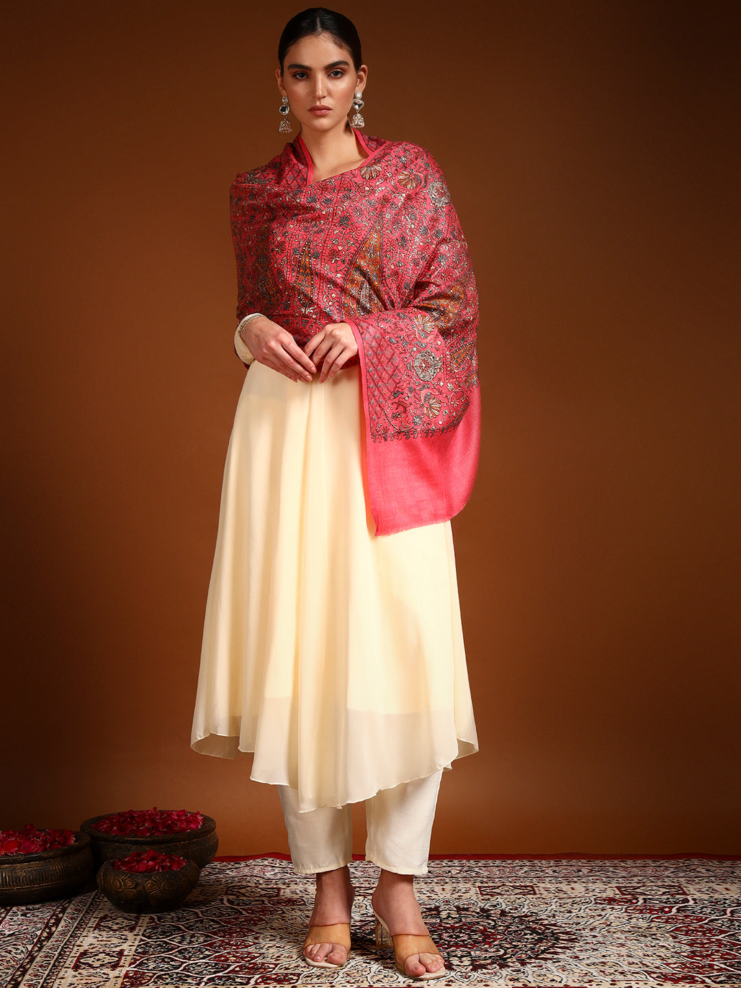 Pashmoda Women Nafeesah 100% Pure Wool Sozni Hand Embroidered Stole (Size-71x203cm)