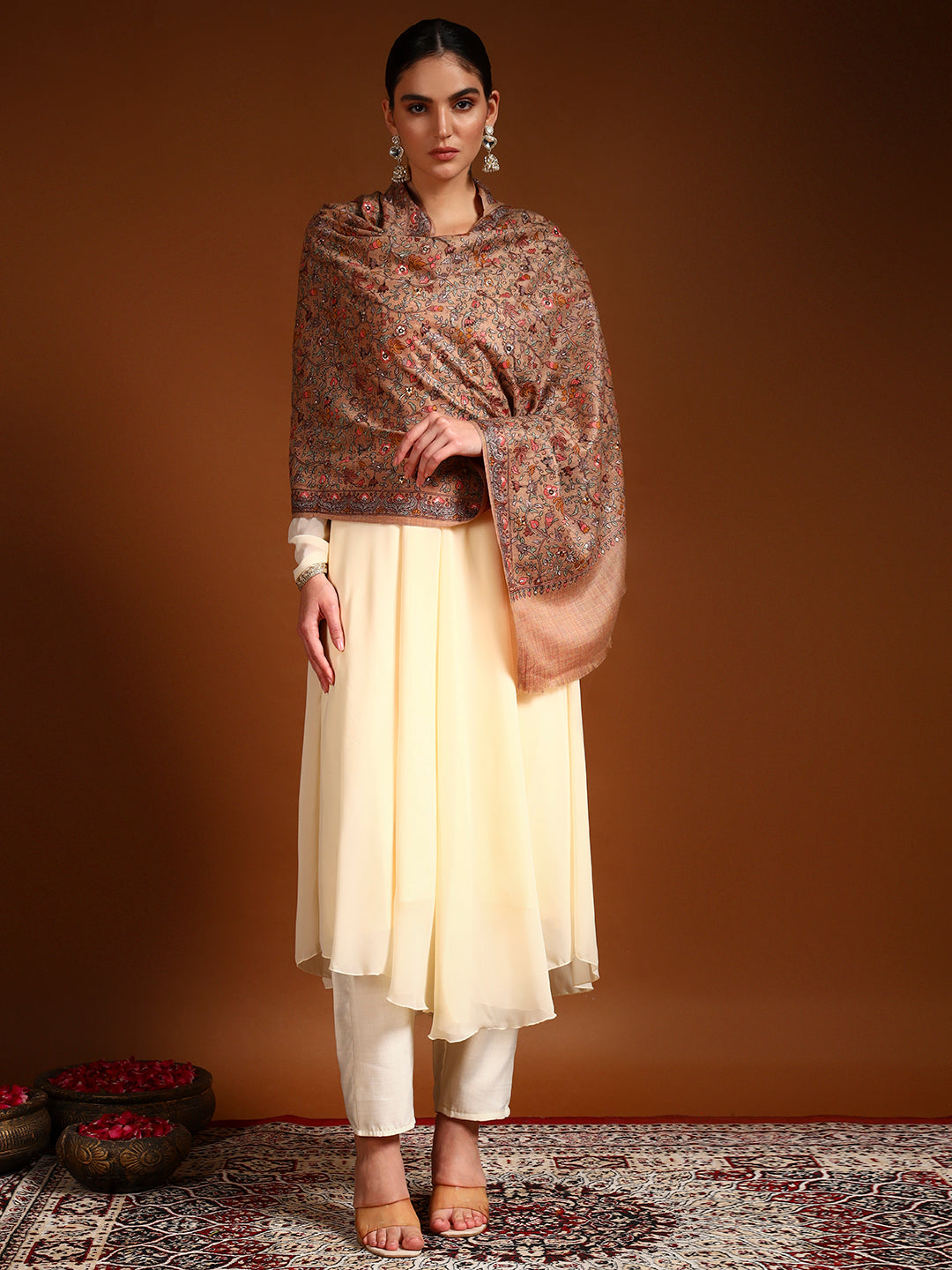 Pashmoda Women Shabnum 100% Pure Wool Sozni Hand Embroidered Stole (Size-71 × 203 cm)