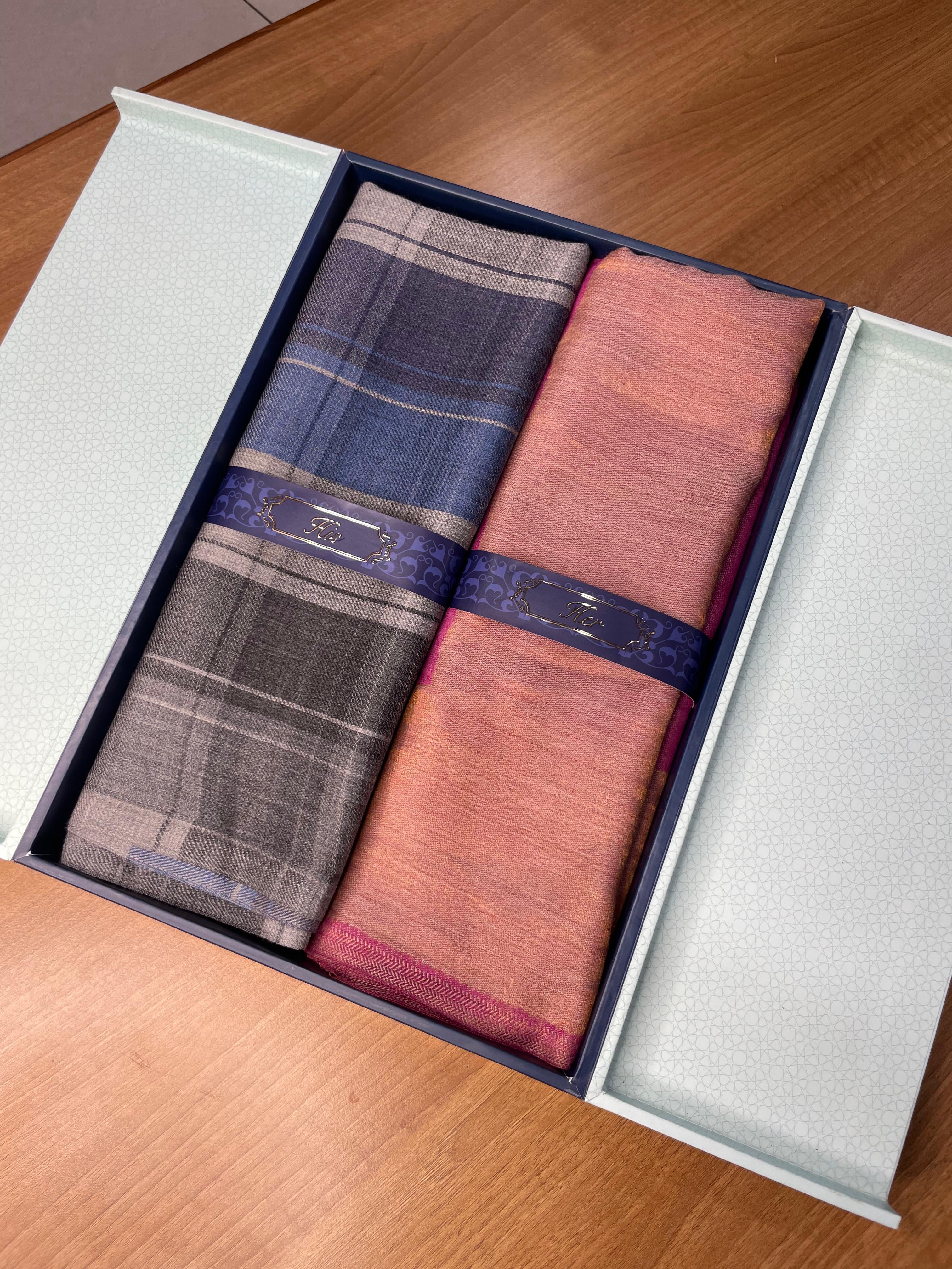 His and Her Gift Set of 100% Pure Wool Check Stole and Zari Stole With Wooden Gift Box