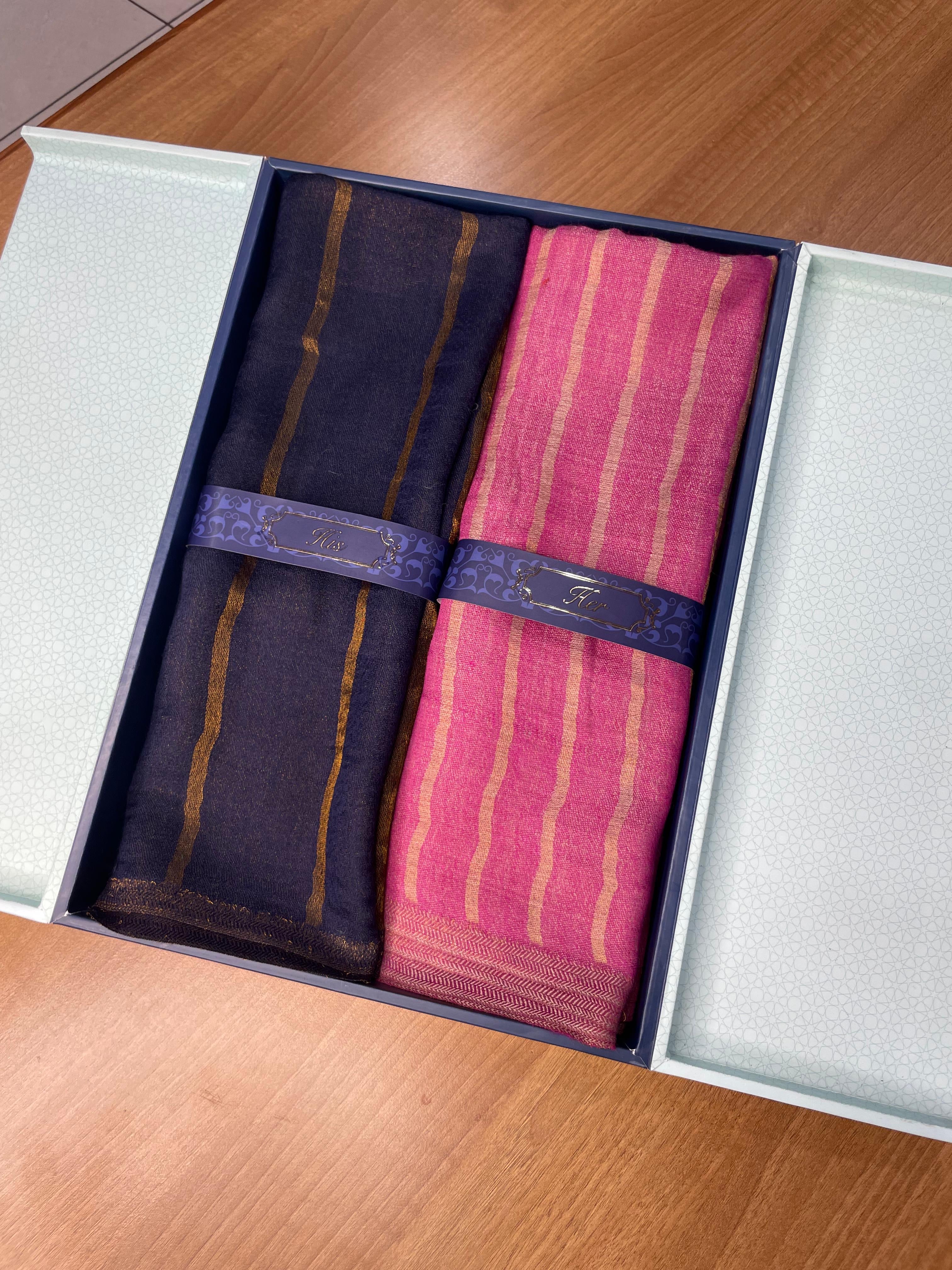 His and Her Gift Set of Zari Stoles With Wooden Gift Box