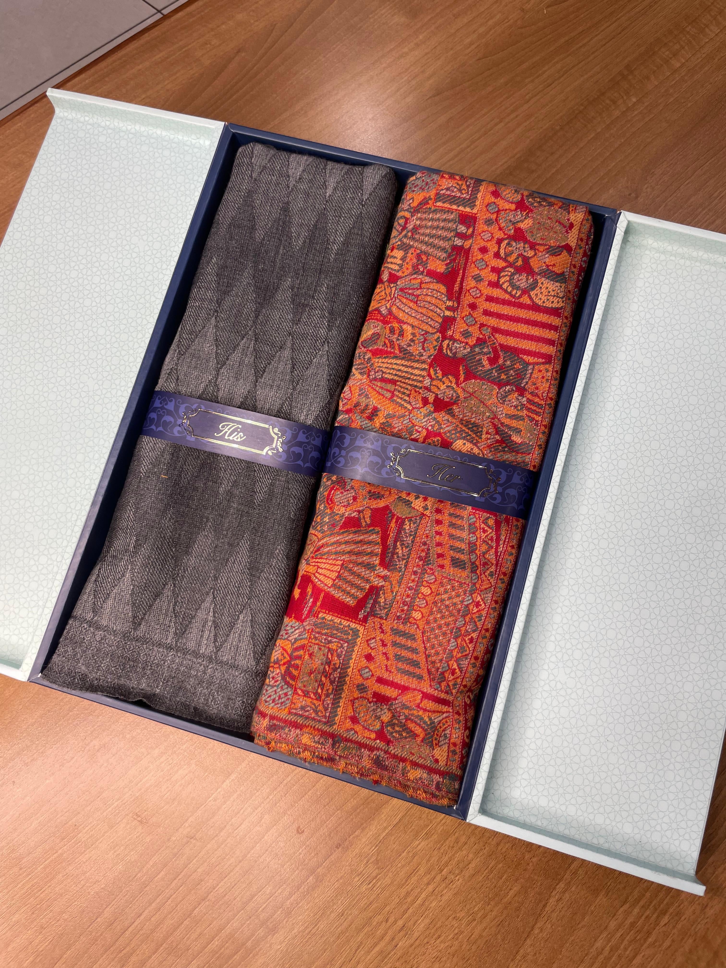 His and Her Gift Set of 100% Pure Wool Check Stole and Kaani Shawl With Wooden Gift Box