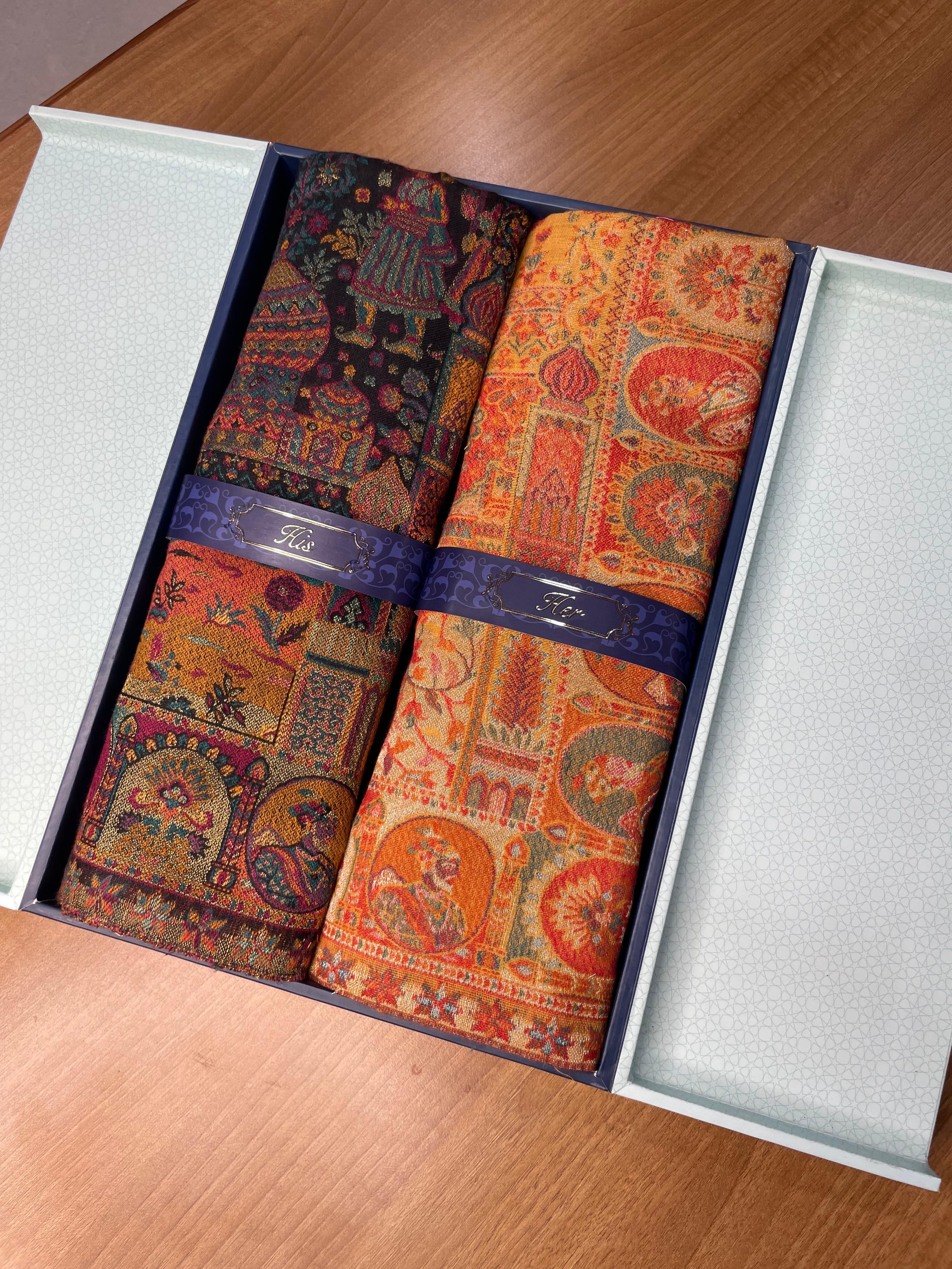 His and Her Gift Set of Zari Kaani Shawls With Wooden Gift Box