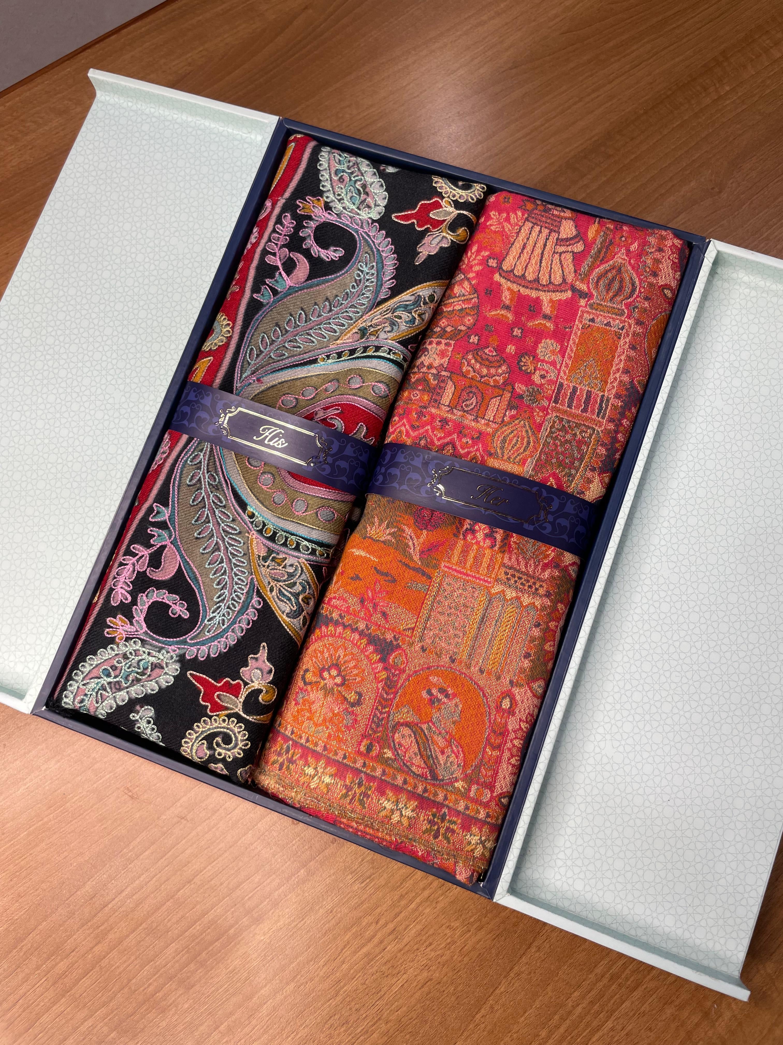 His and Her Gift Set of 100% Pure Wool Kalamkari Stole and Zari Kaani Shawl With Wooden Gift Box