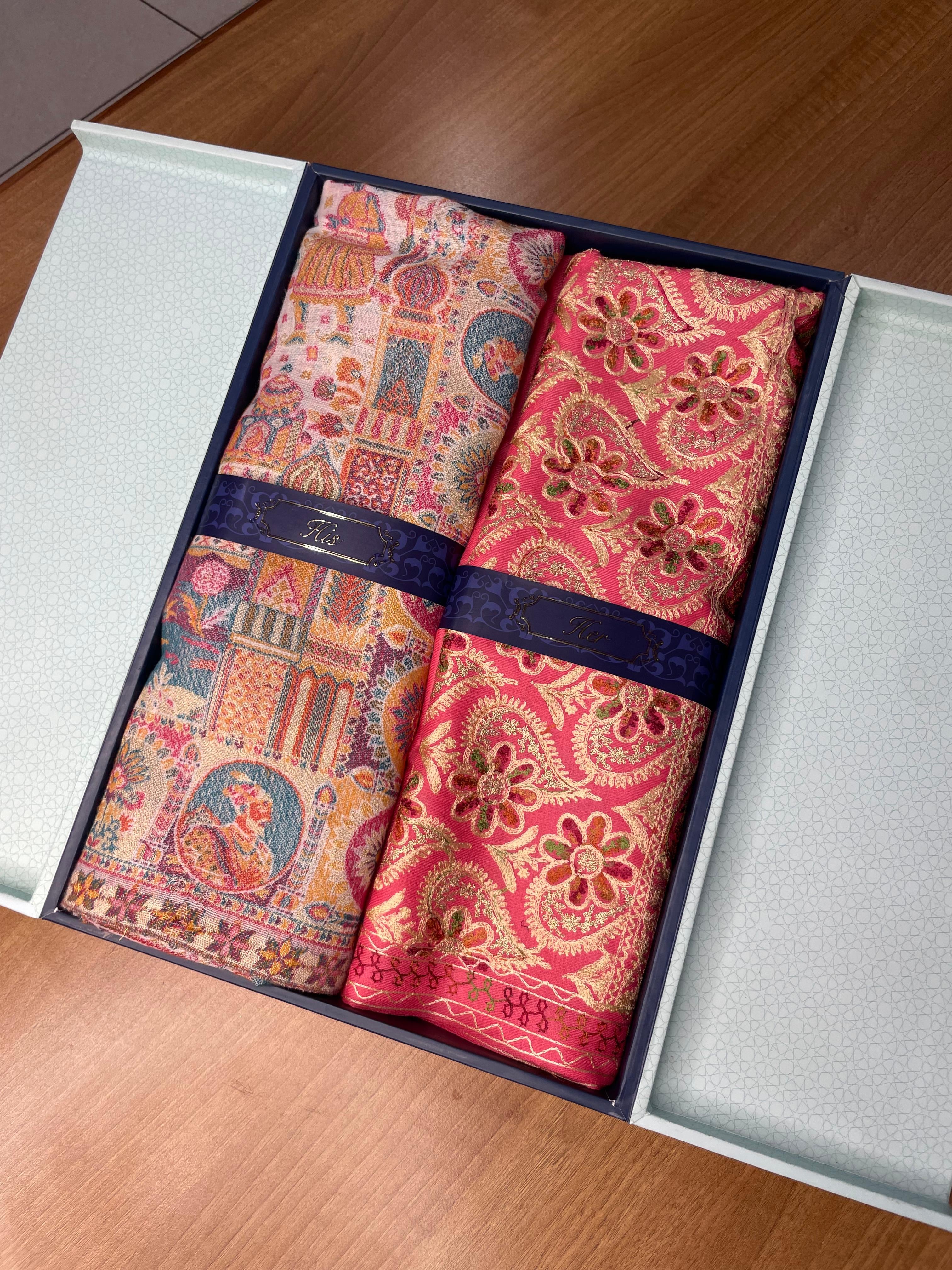 His and Her Gift Set of Zari Kaani Shawl and Embroidered Stole With Wooden Gift Box