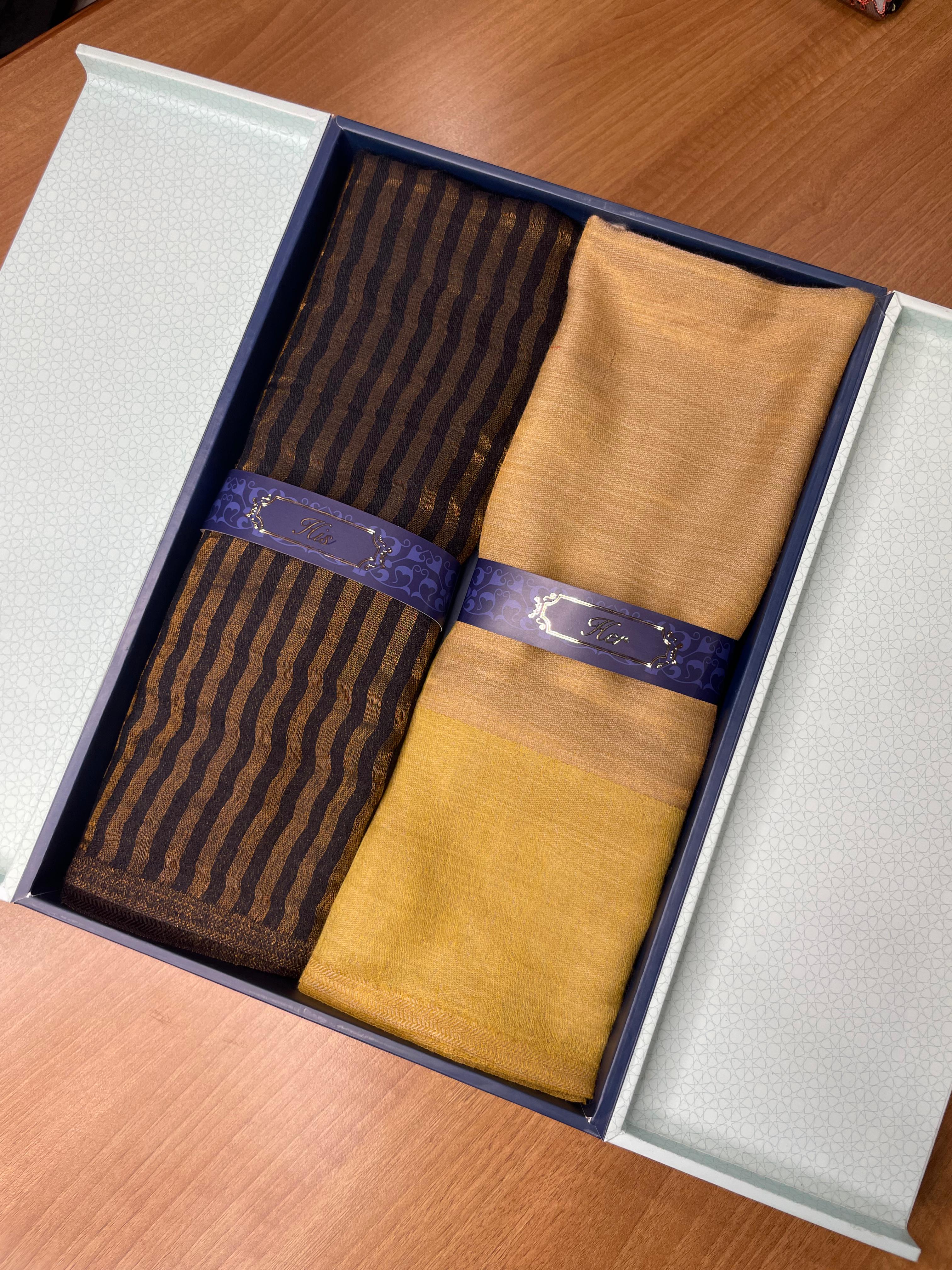 His and Her Gift Set of Zari Stoles With Wooden Gift Box