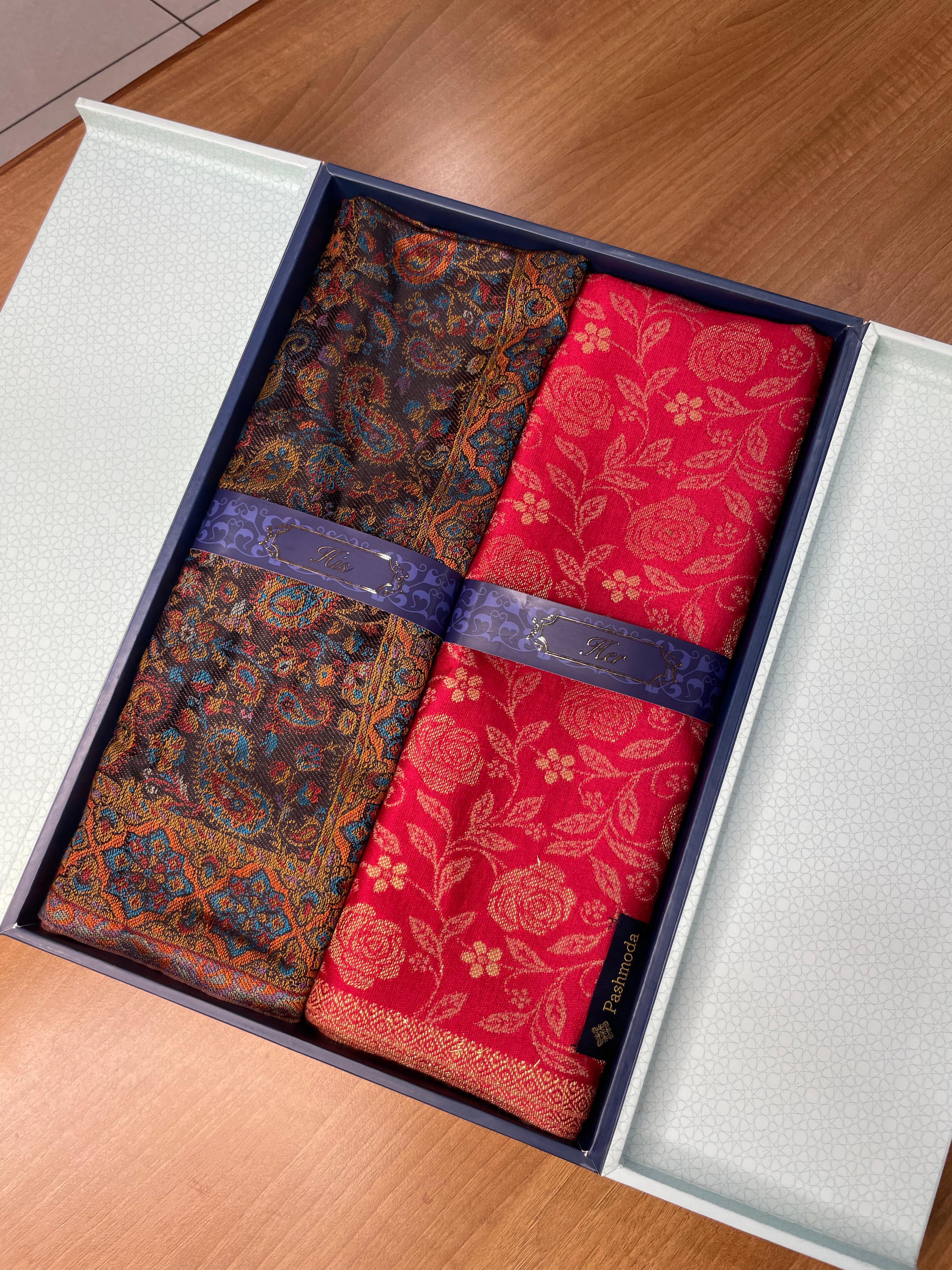 His and Her Gift Set of Kaani Stoles With Wooden Gift Box