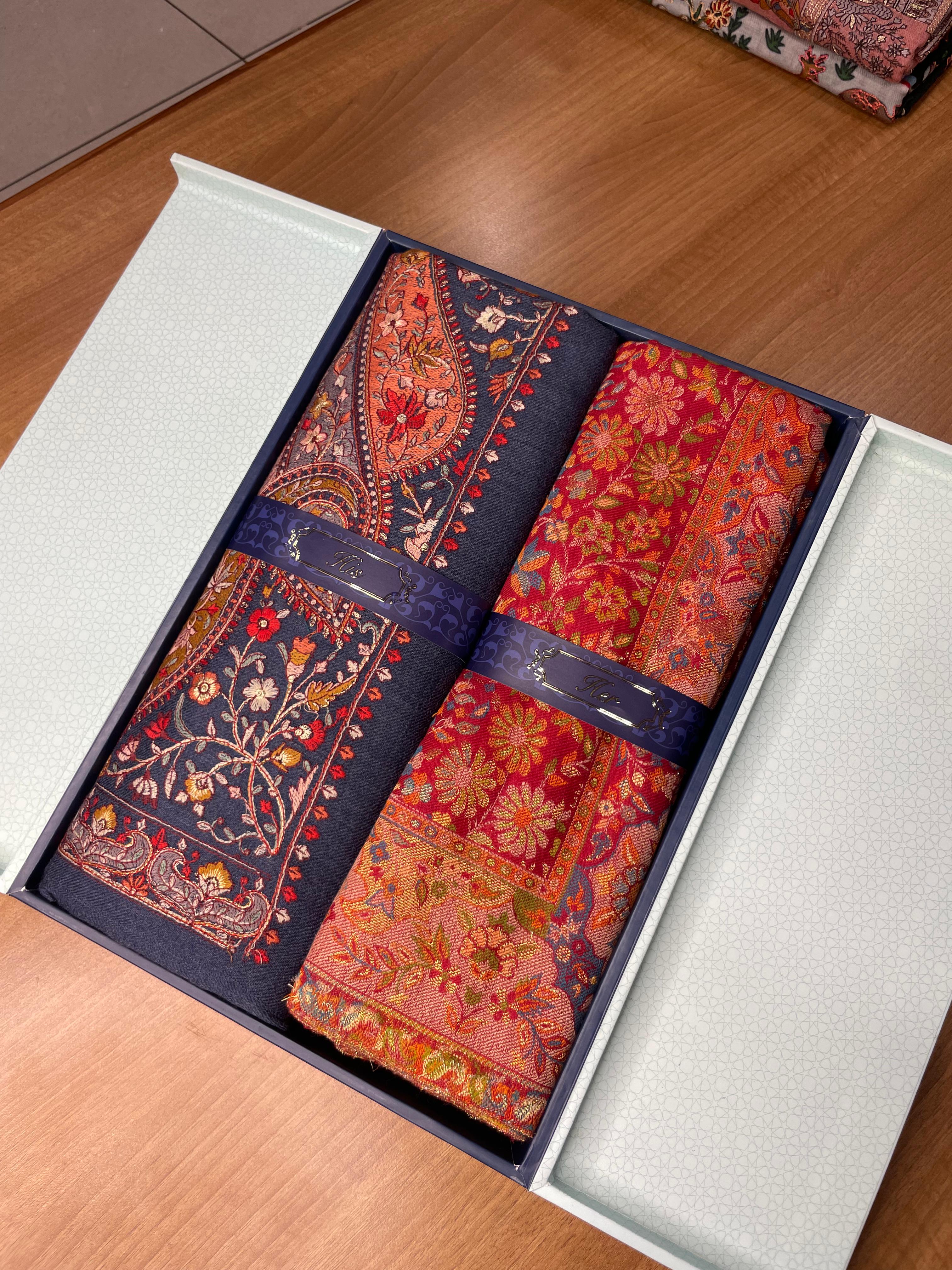 His and Her Gift Set of 100% Pure Wool Sozni Embroidered Shawl and kaani Shawl With Wooden Gift Box