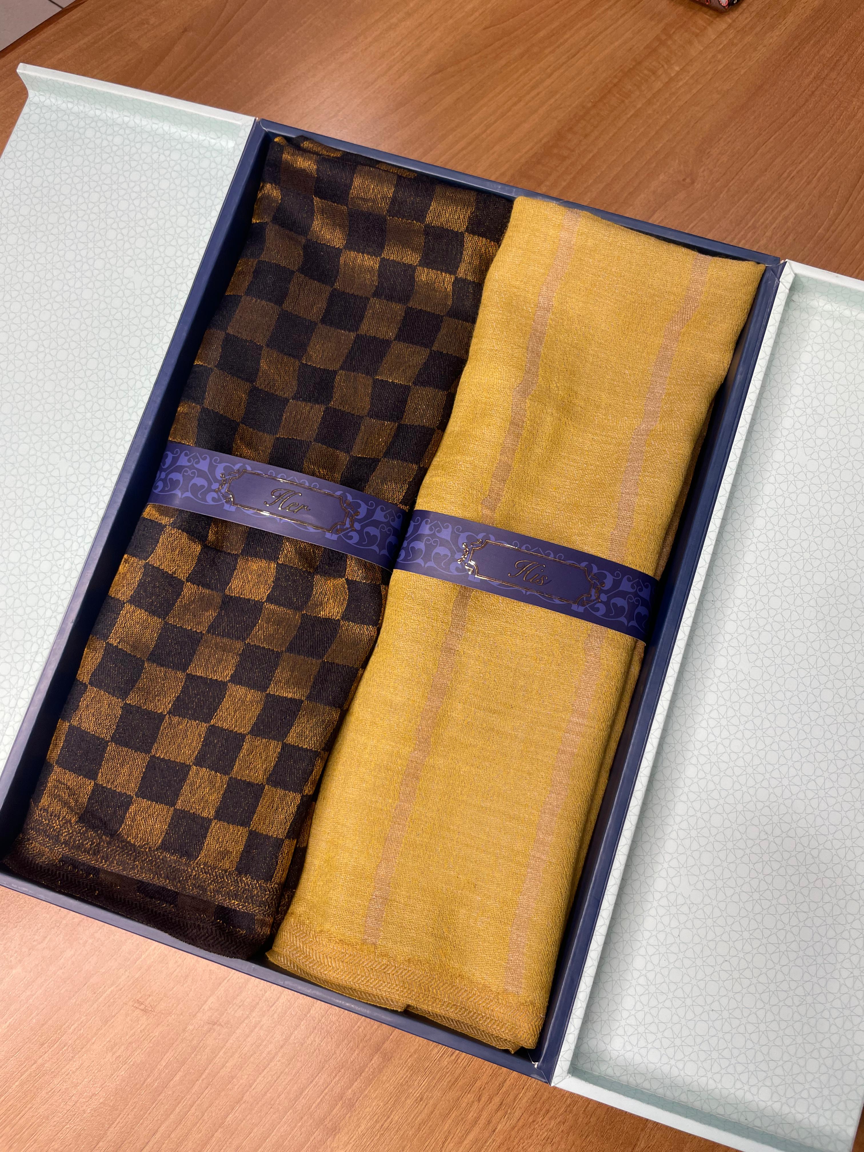 His and Her Gift Set of Zari Stoles With Wooden Gift Box