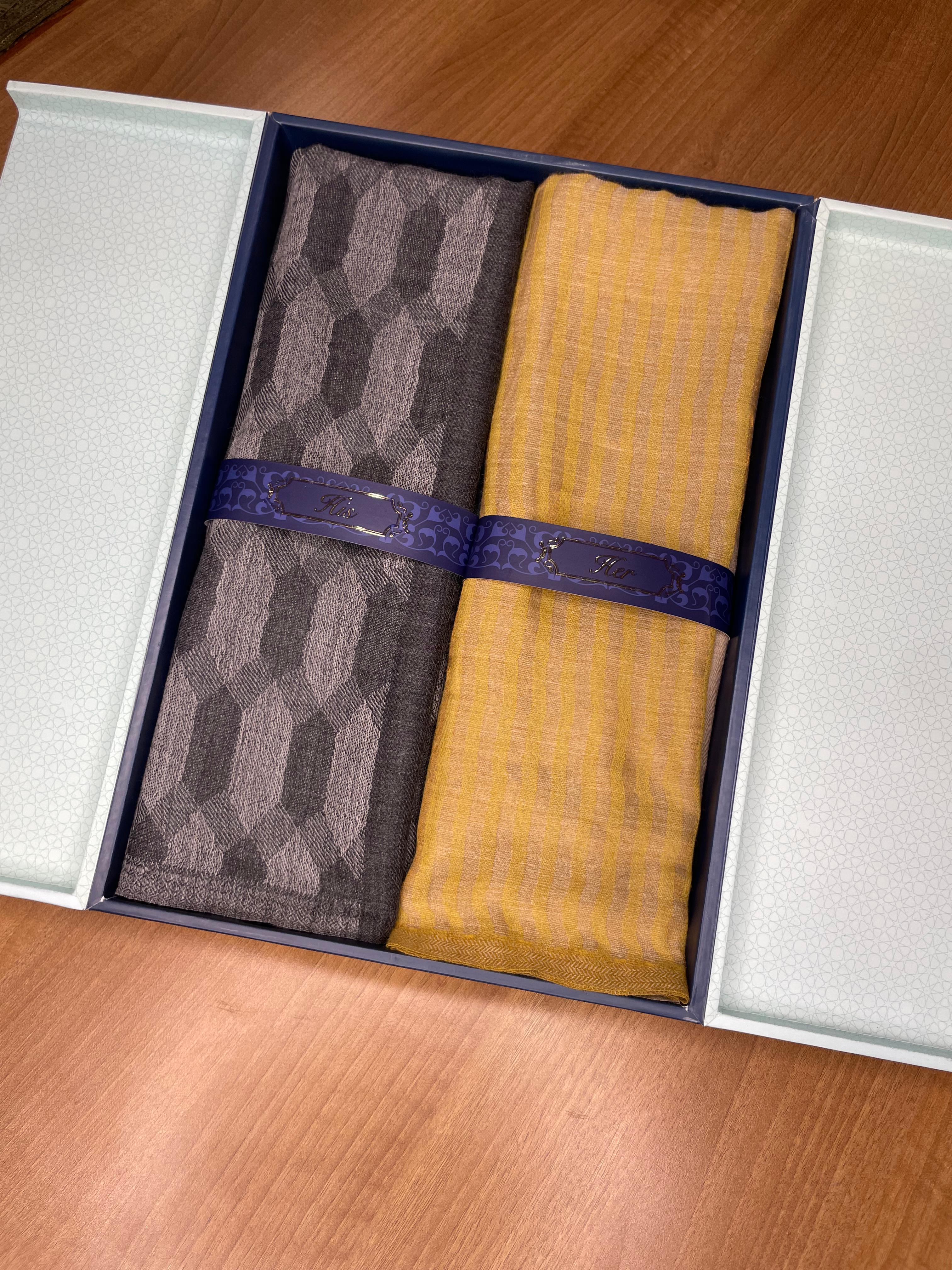 His and Her Gift Set of 100% Pure Wool Check Stole and Zari Stole With Wooden Gift Box