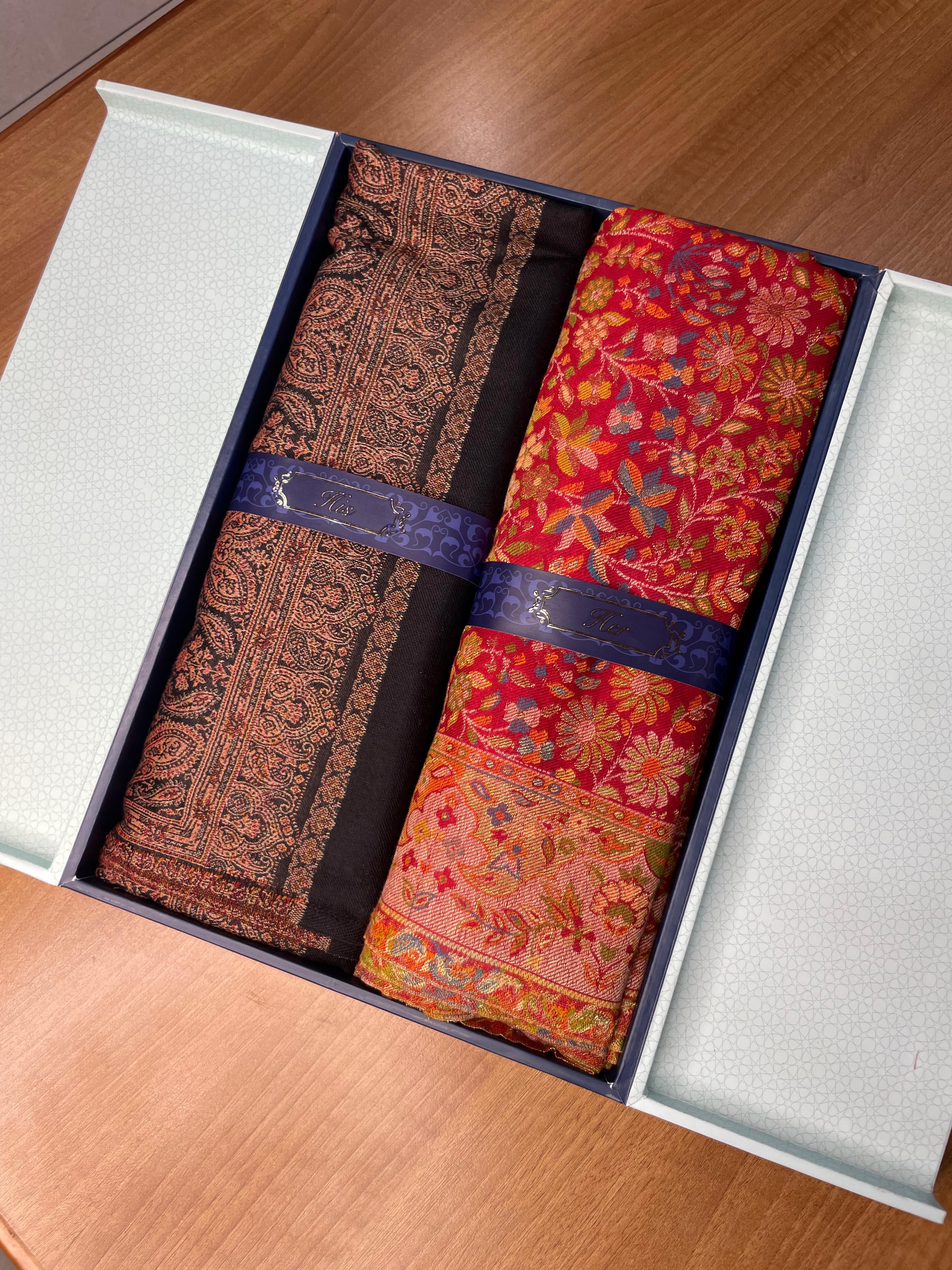 His and Her Gift Set of Jamavar Shawl and kaani Shawl With Wooden Gift Box