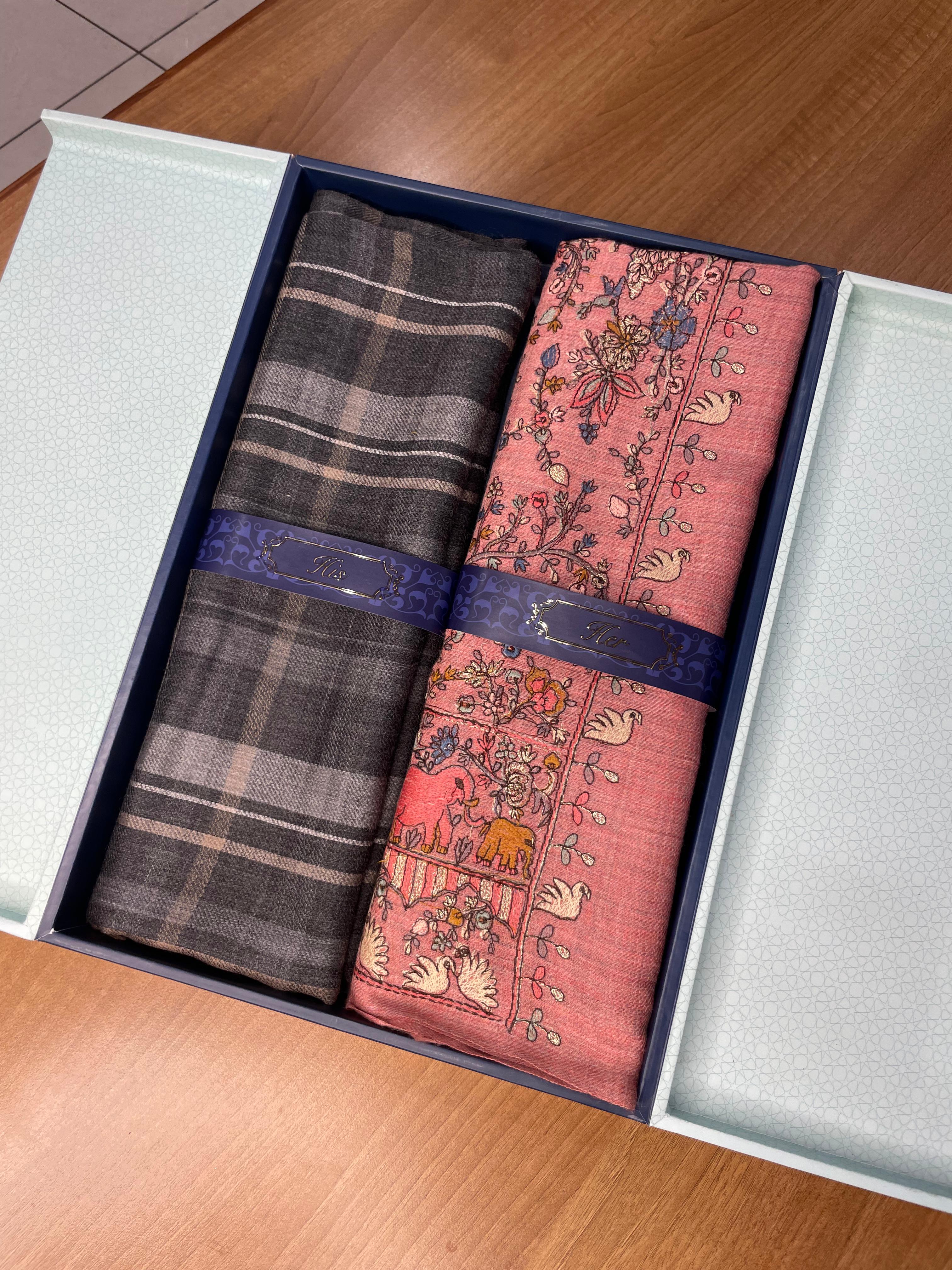 His and Her Gift Set of 100% Pure Wool Check Stole and  100% Pure Wool Sozni Embroidered Stole With Wooden Gift Box