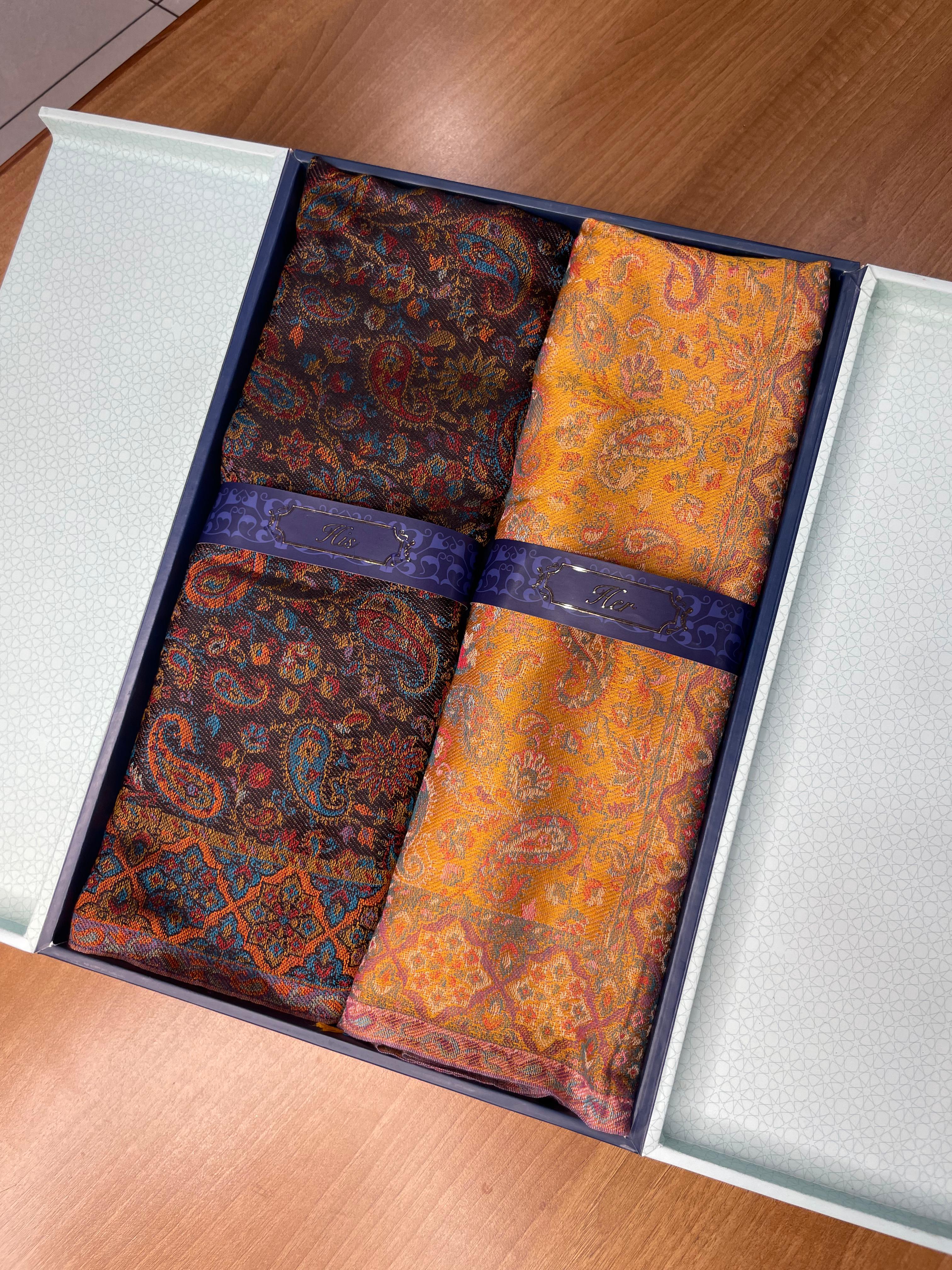 His and Her Gift Set of Kaani Stoles With Wooden Gift Box