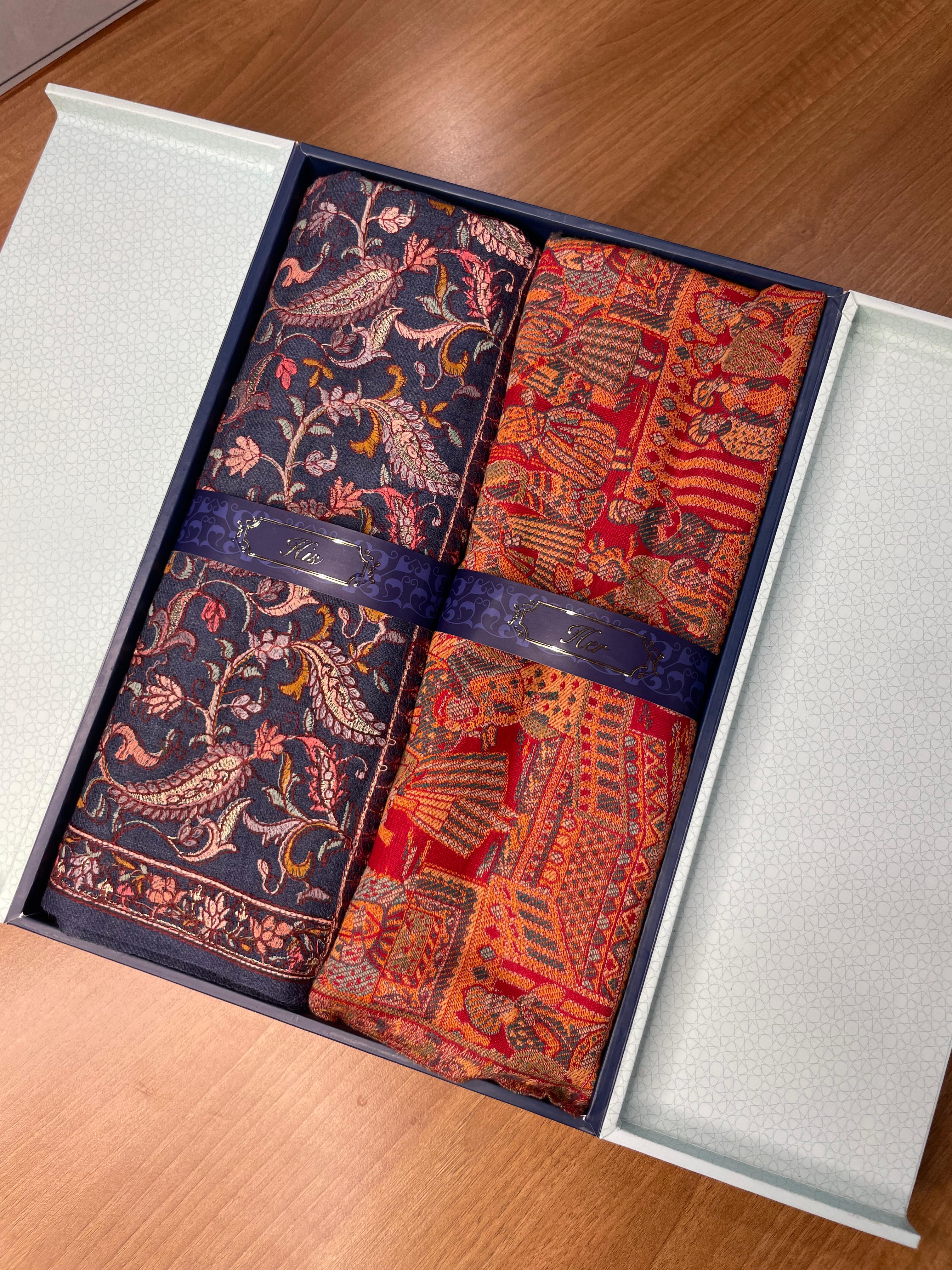 His and Her Gift Set of 100% Pure Wool Sozni Embroidered Stole and Kaani Shawl With Wooden Gift Box
