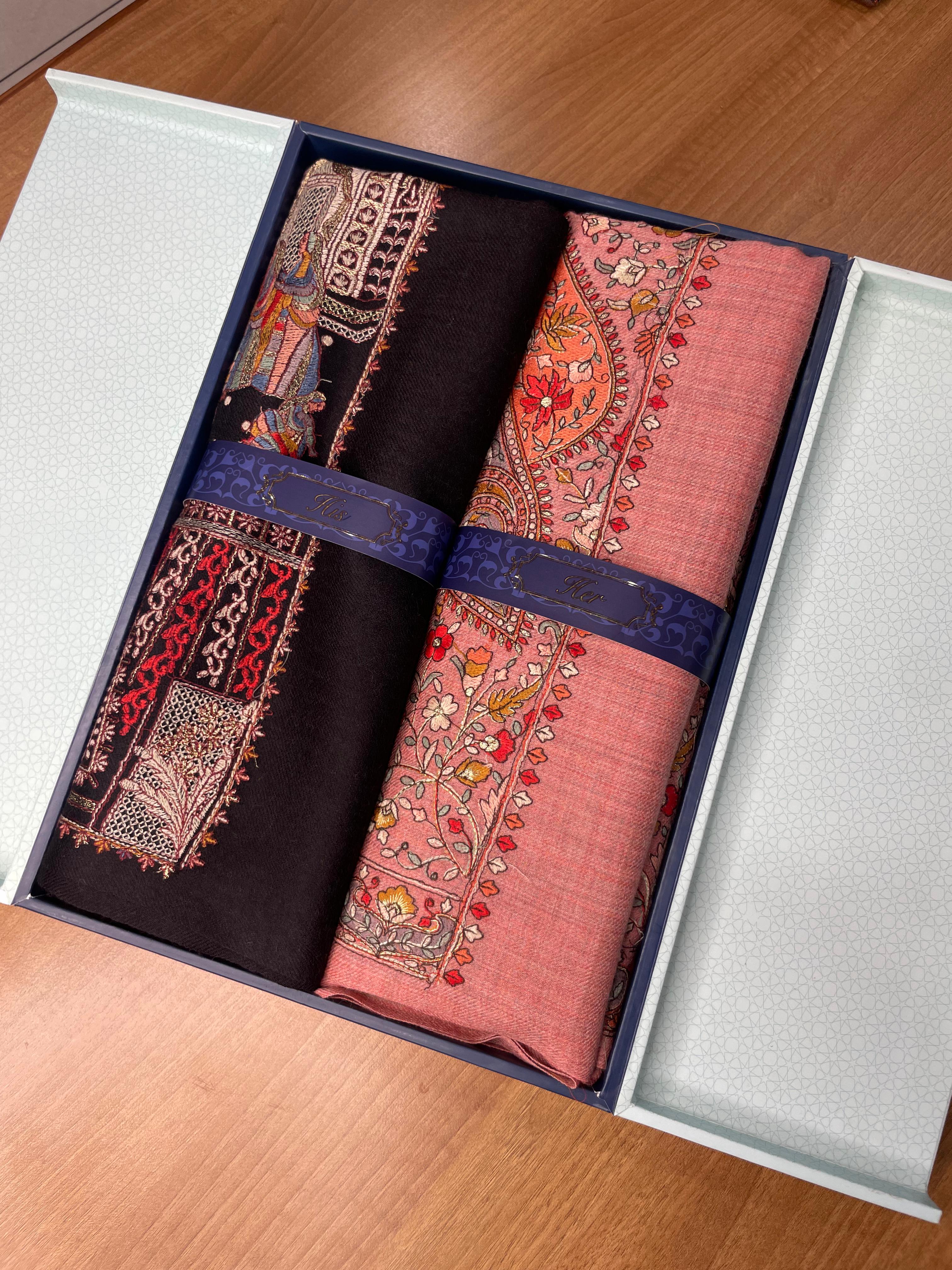 His and Her Gift Set of 100% Pure Wool Sozni Embroidered Shawls With Wooden Gift Box