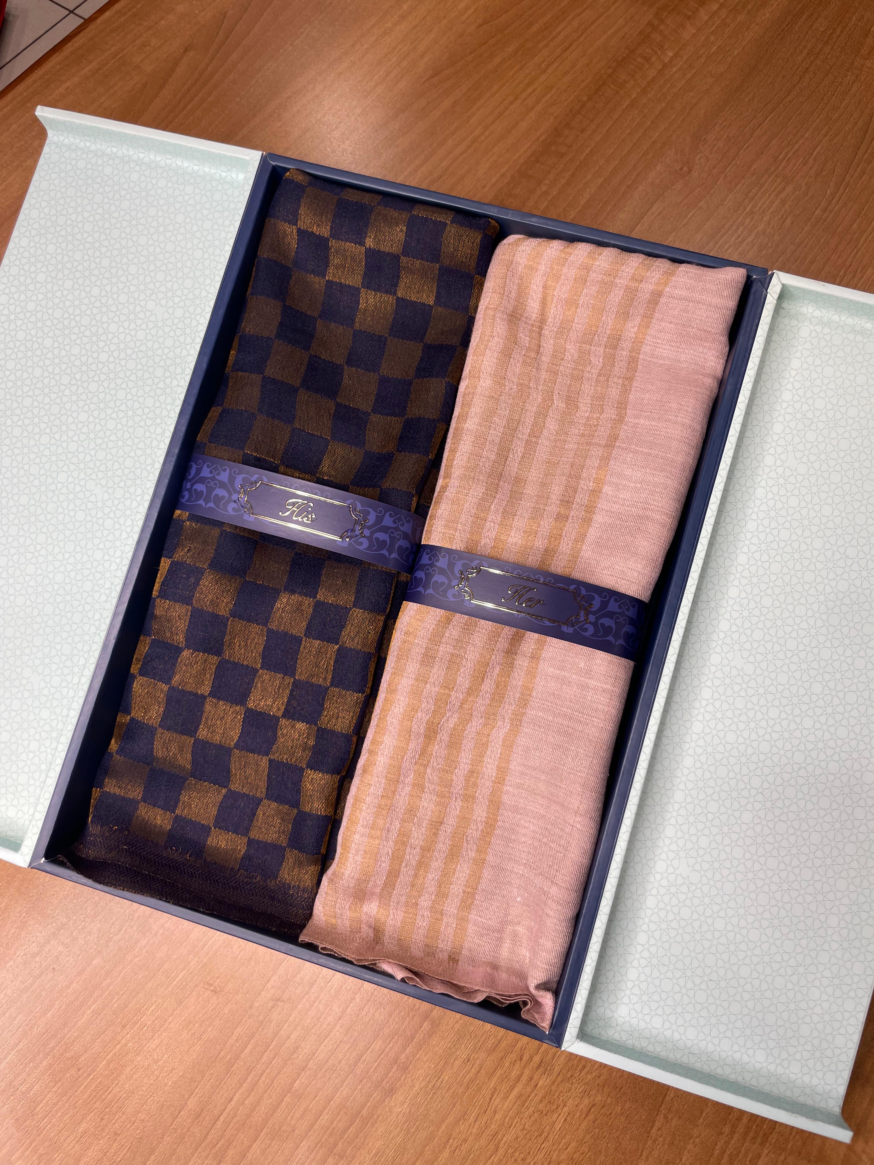 His and Her Gift Set of Zari Stoles With Wooden Gift Box