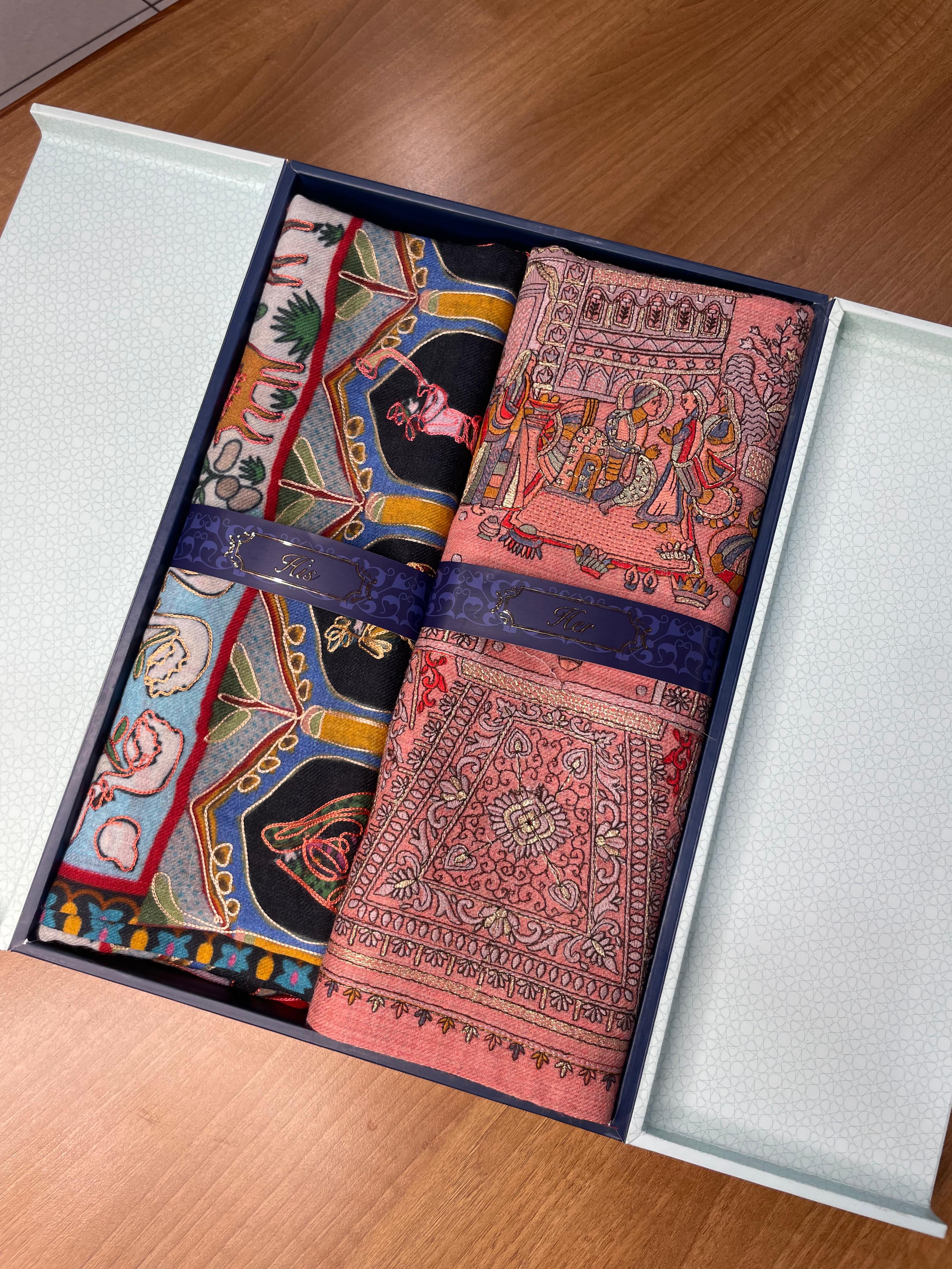 His and Her Gift Set of 100% Pure Wool Kalamkari Shawl and  100% Pure Wool Sozni Embroidered Shawl With Wooden Gift Box