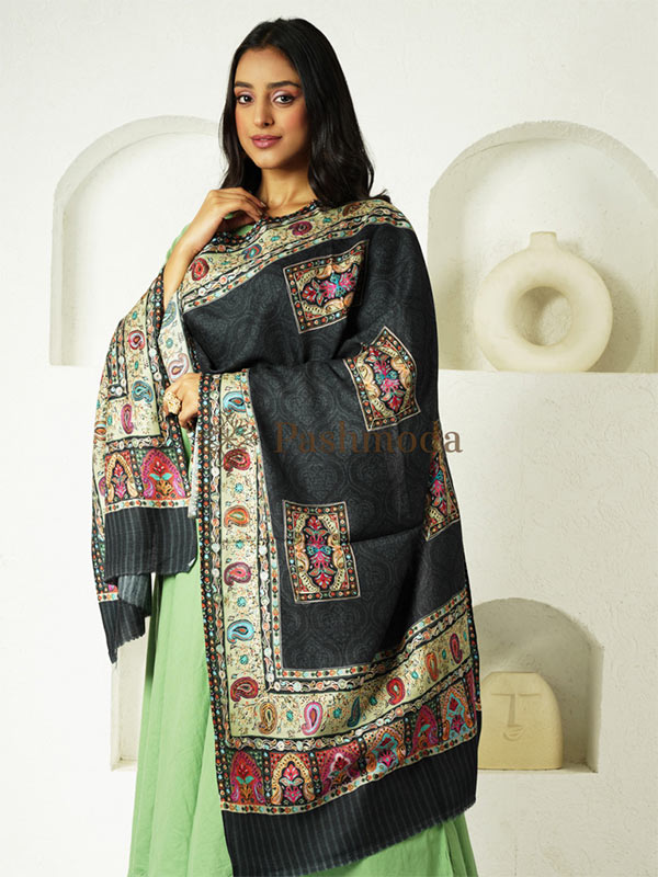 Pure Wool Fabric Kalamkari Embroidered Stole (Size 28x80)
