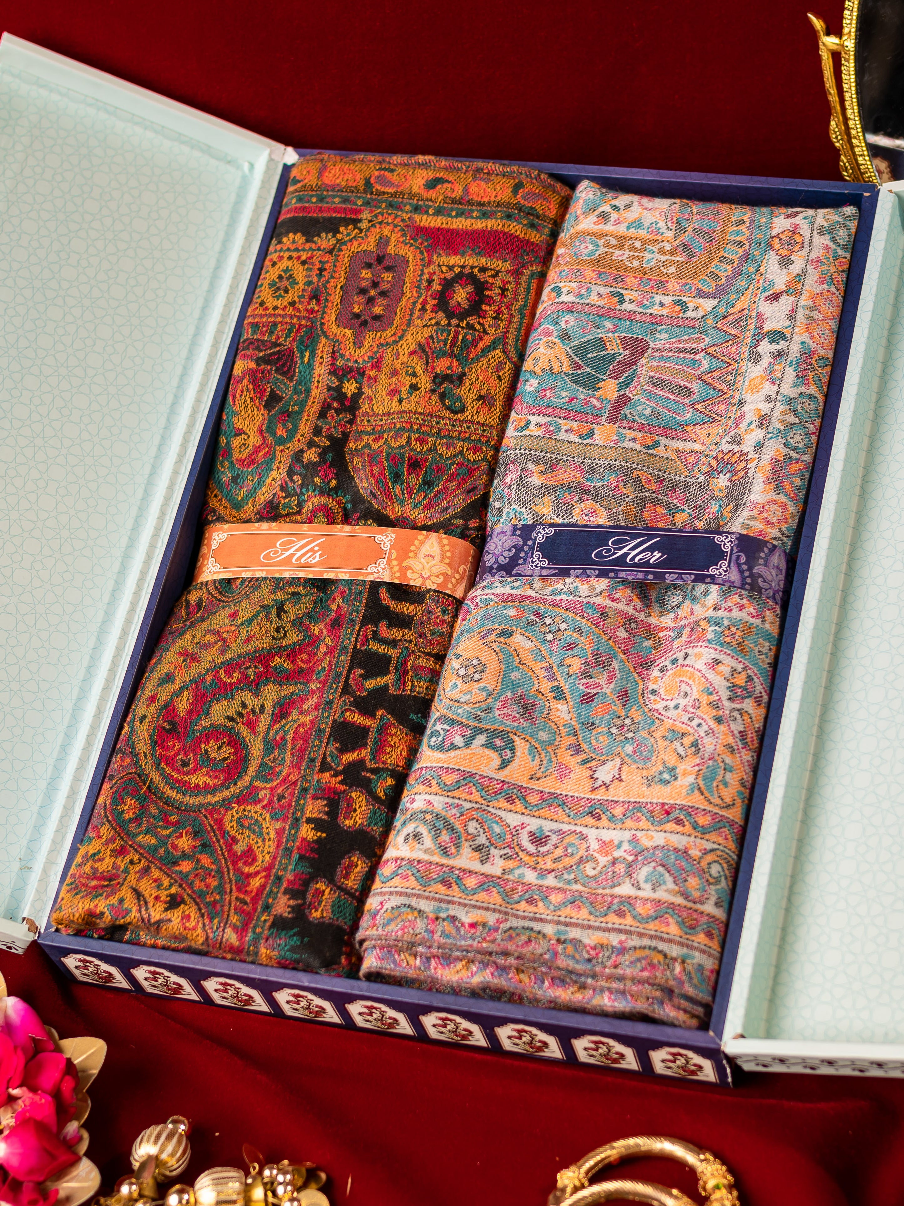 His and Her Gift Set of Kaani Shawls With Wooden Gift Box