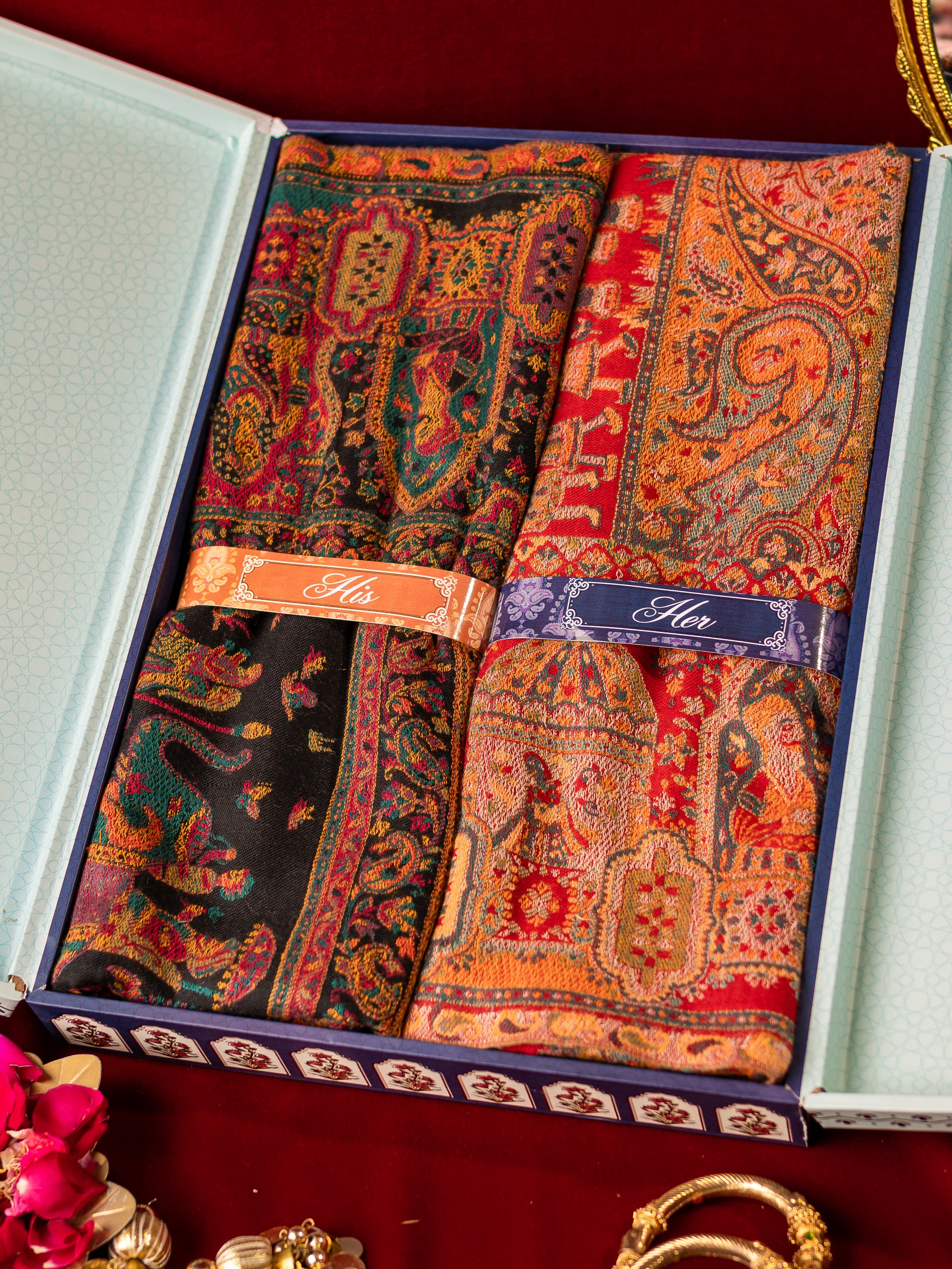 His and Her Gift Set of Kaani Shawls With Wooden Gift Box