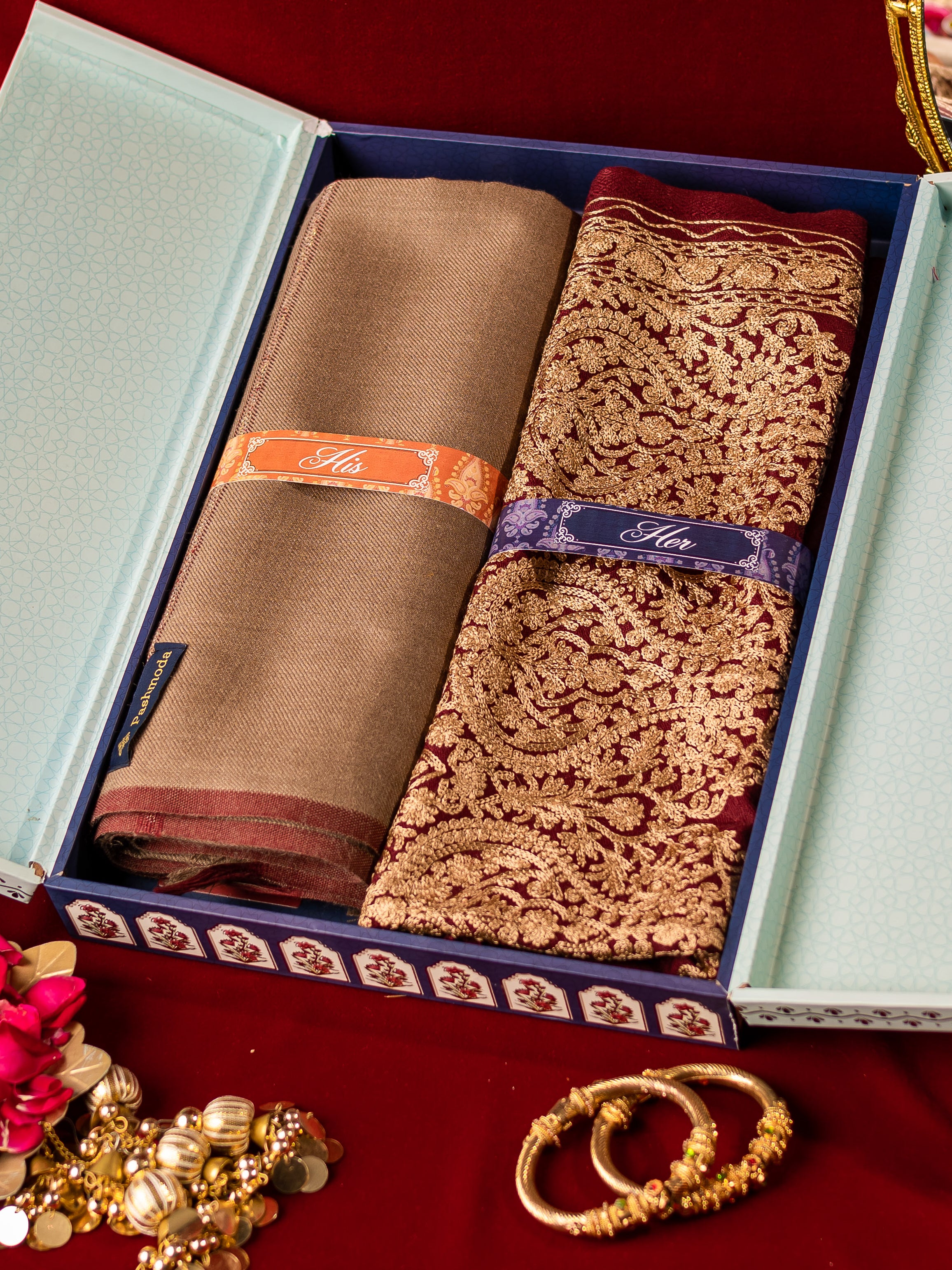 His and Her Gift Set of Fine wool and Embroidered Stole With Wooden Gift Box