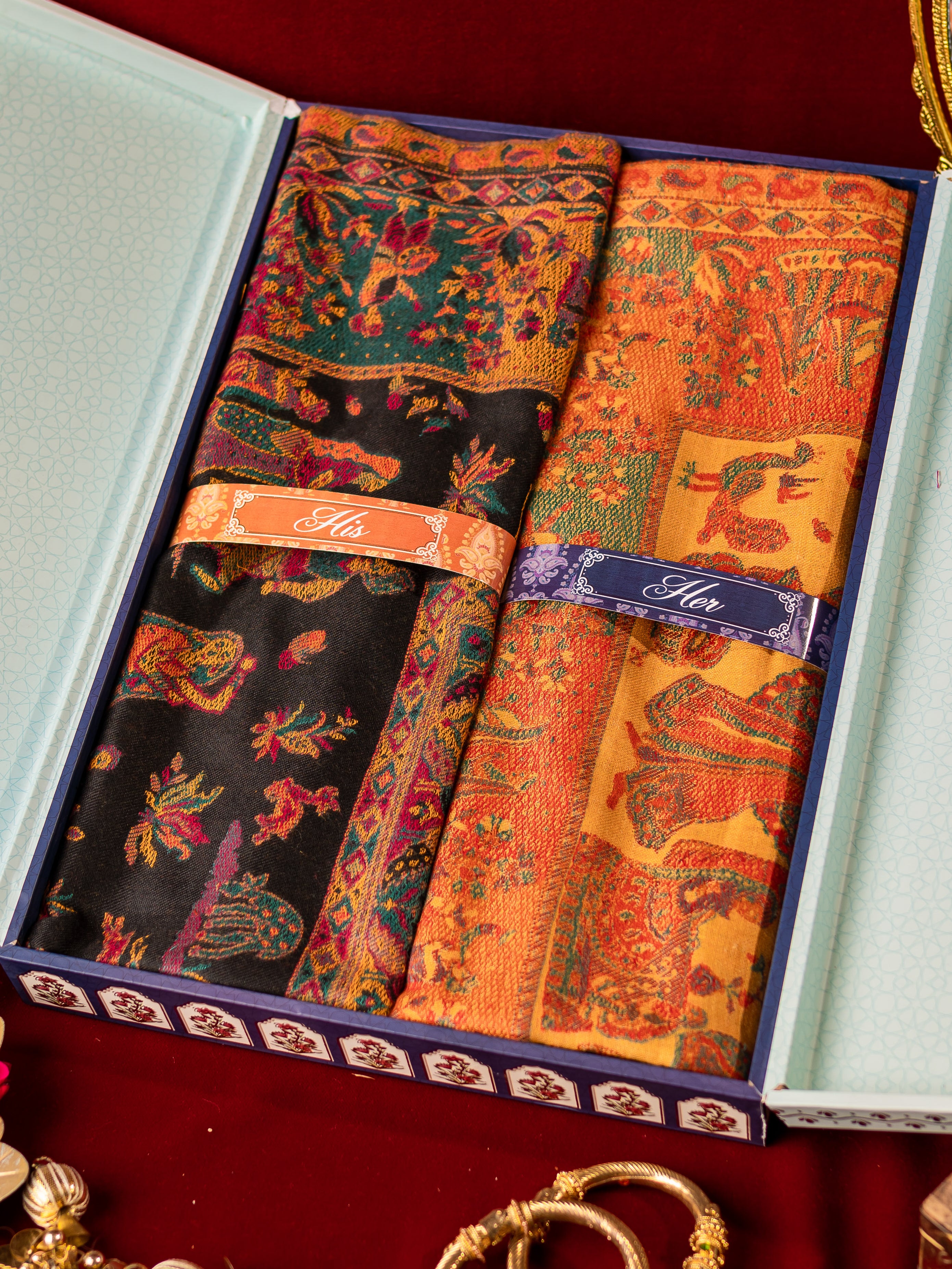 His and Her Gift Set of Kaani Shawls With Wooden Gift Box