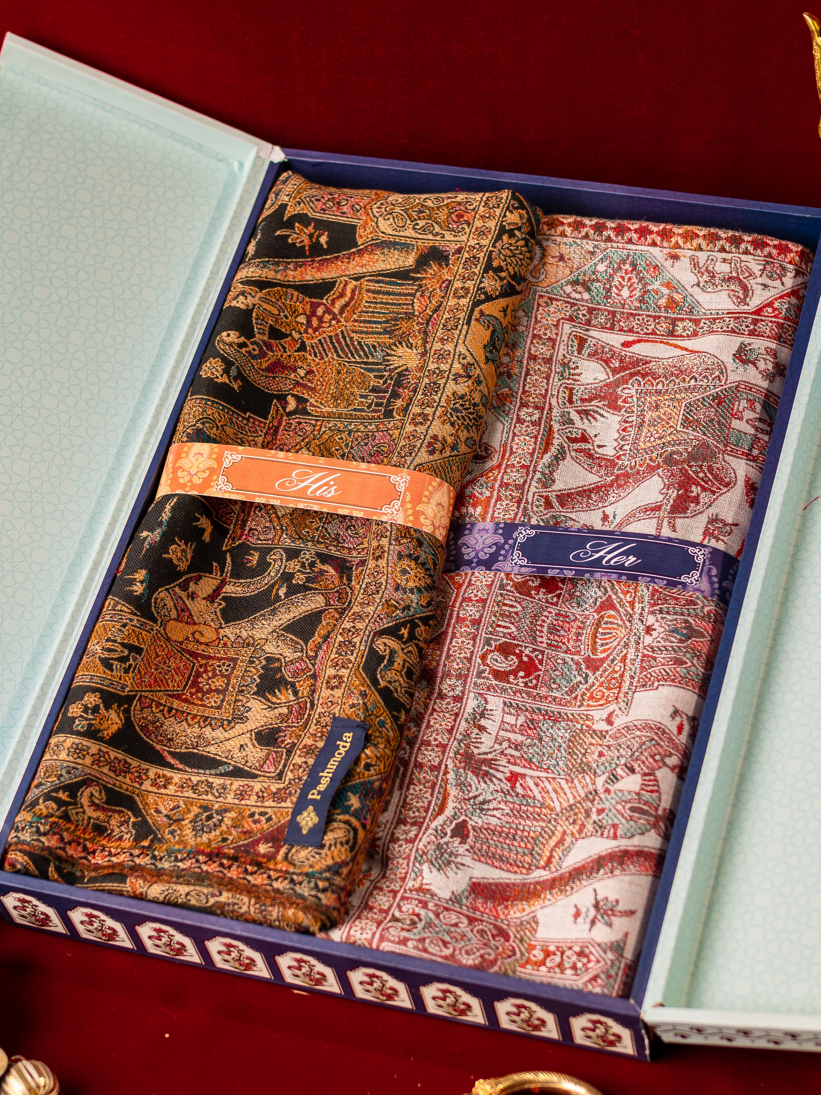 His and Her Gift Set of Kashmiri Jamavar shawls With Wooden Gift Box