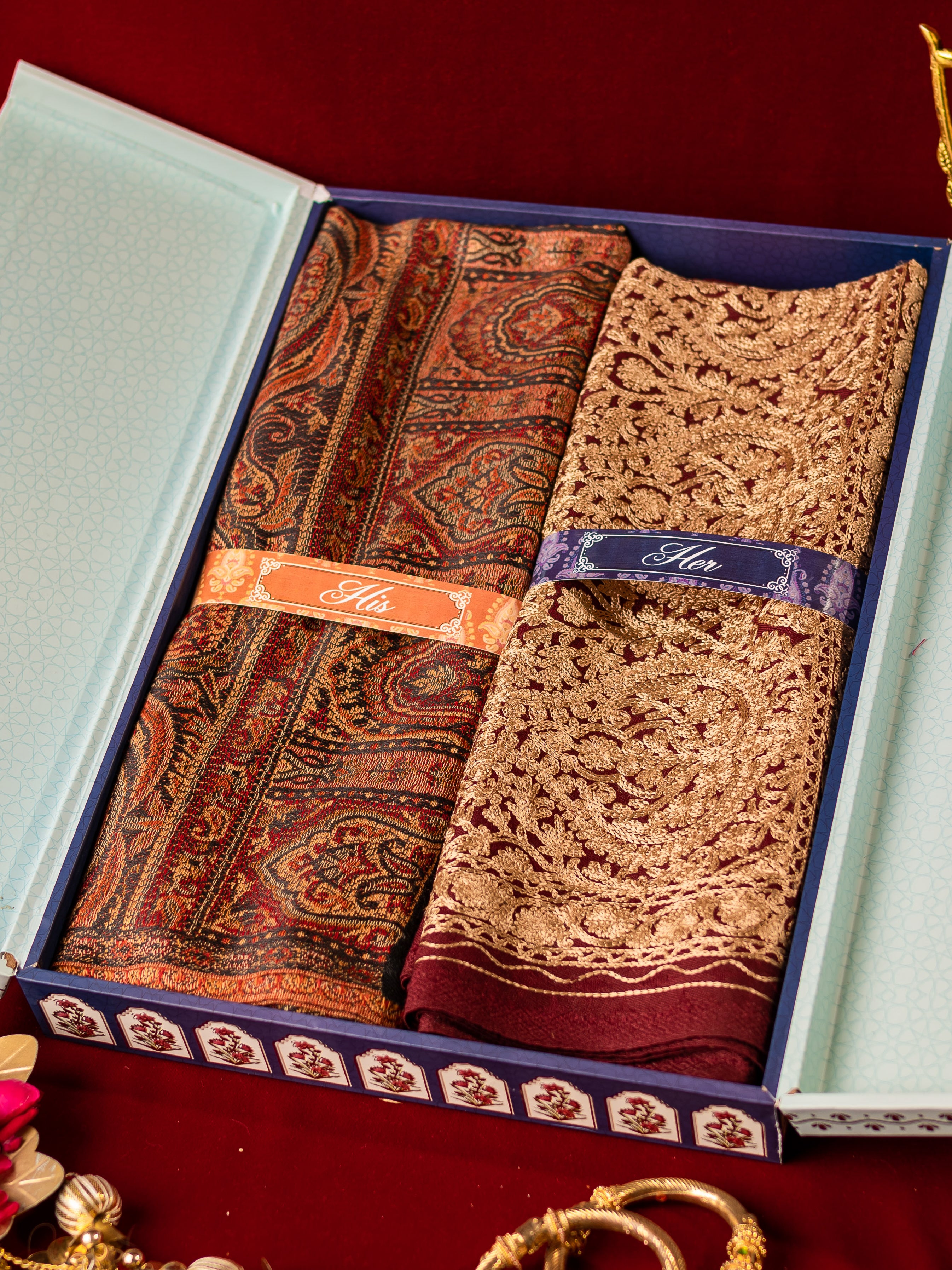 His and Her Gift Set of Jamawar Shawl and embroidered stole  With Wooden Gift Box