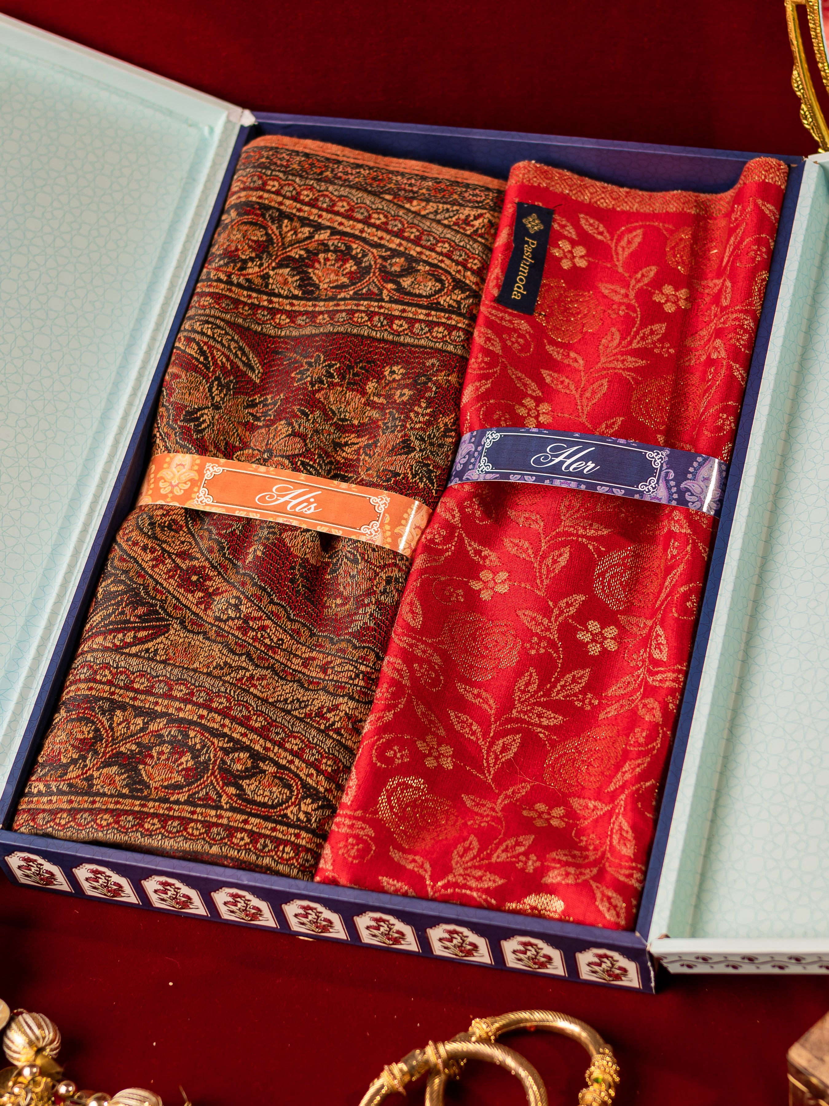 His and Her Gift Set of Jamawar Shawl and Acrylic Stole  With Wooden Gift Box