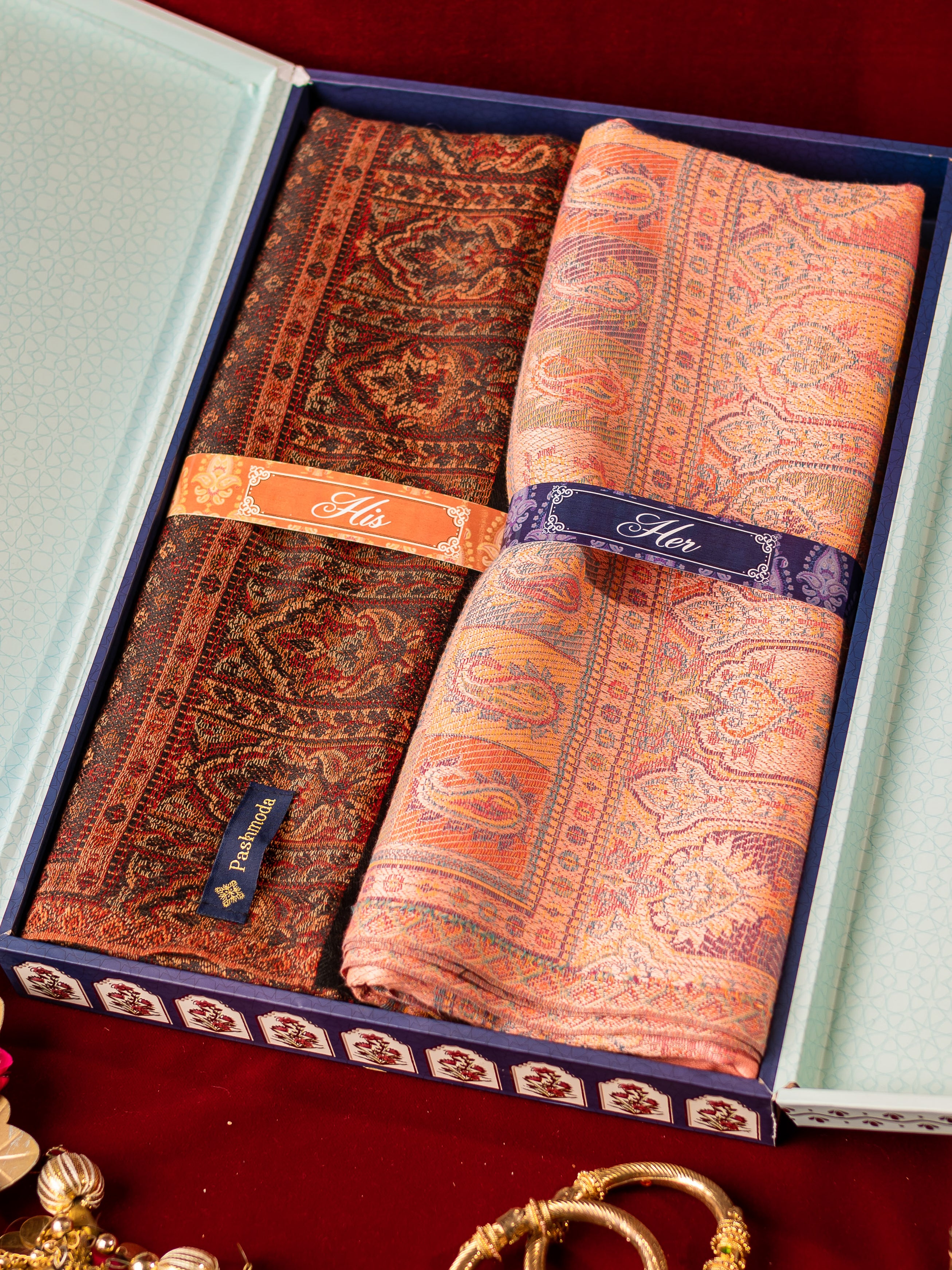 His and Her Gift Set of Jamawar Shawl and embroidered stole  With Wooden Gift Box