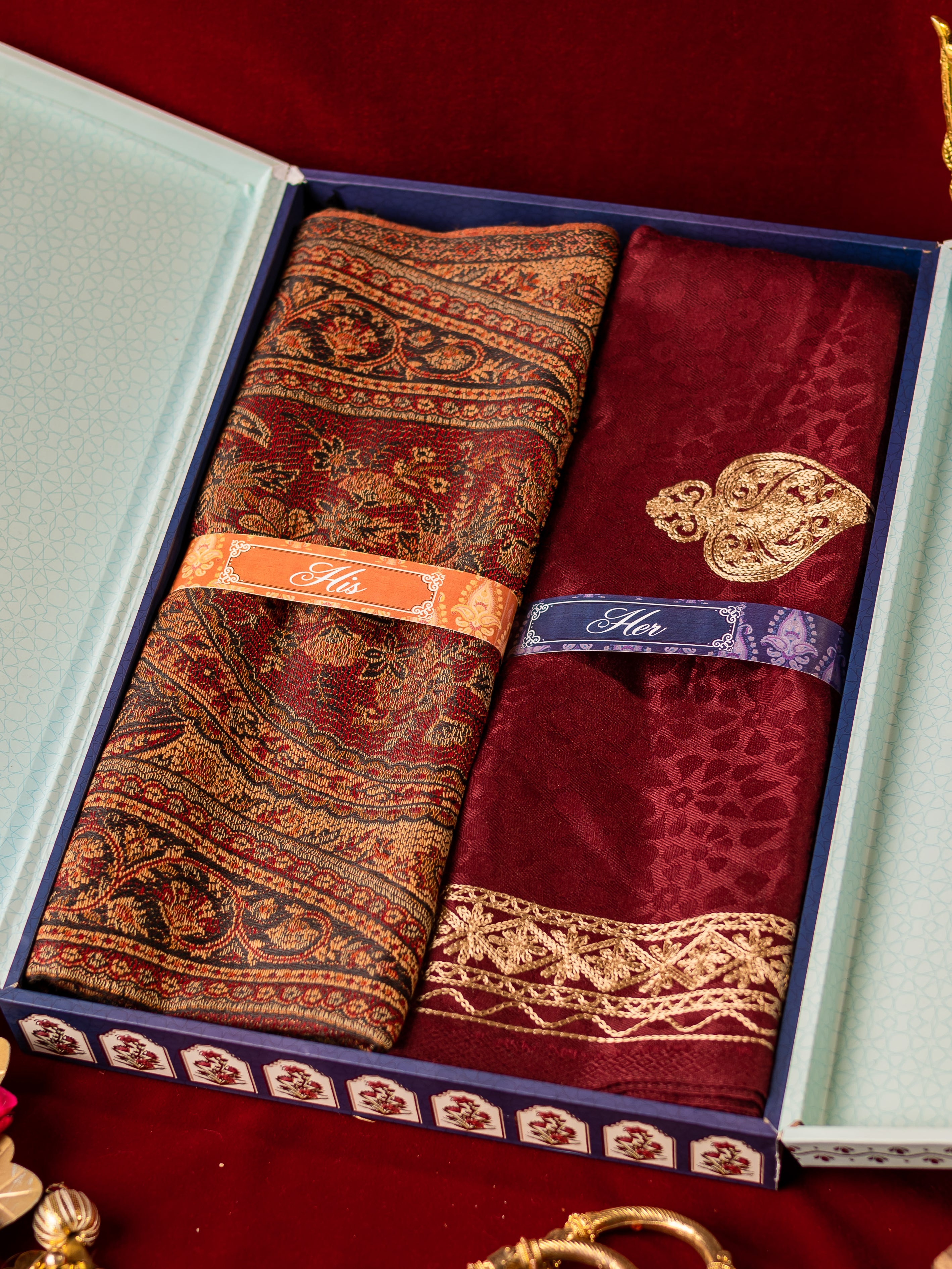 His and Her Gift Set of Jamawar Shawl and embroidered stole  With Wooden Gift Box