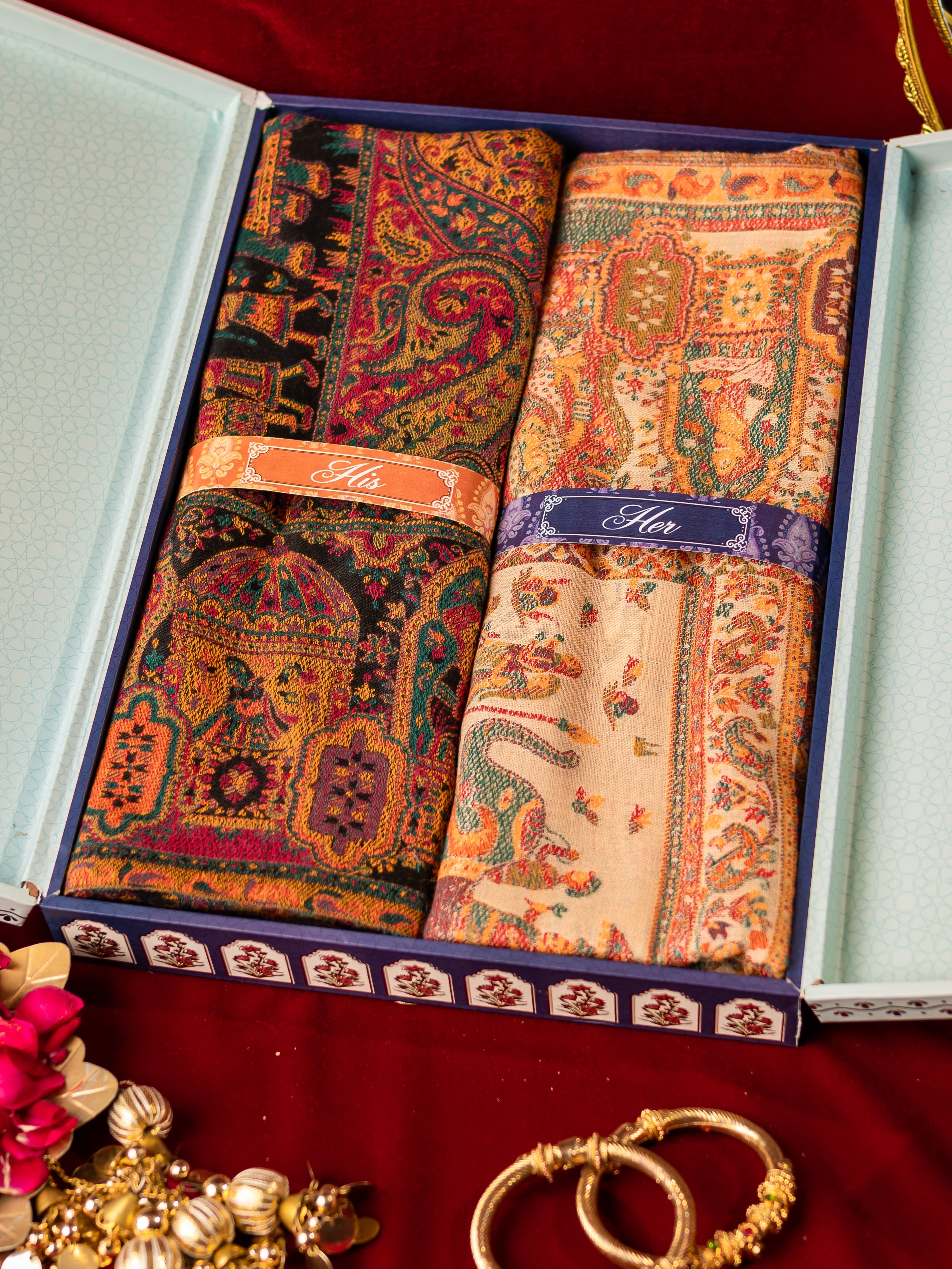 His and Her Gift Set of Kaani Shawls With Wooden Gift Box