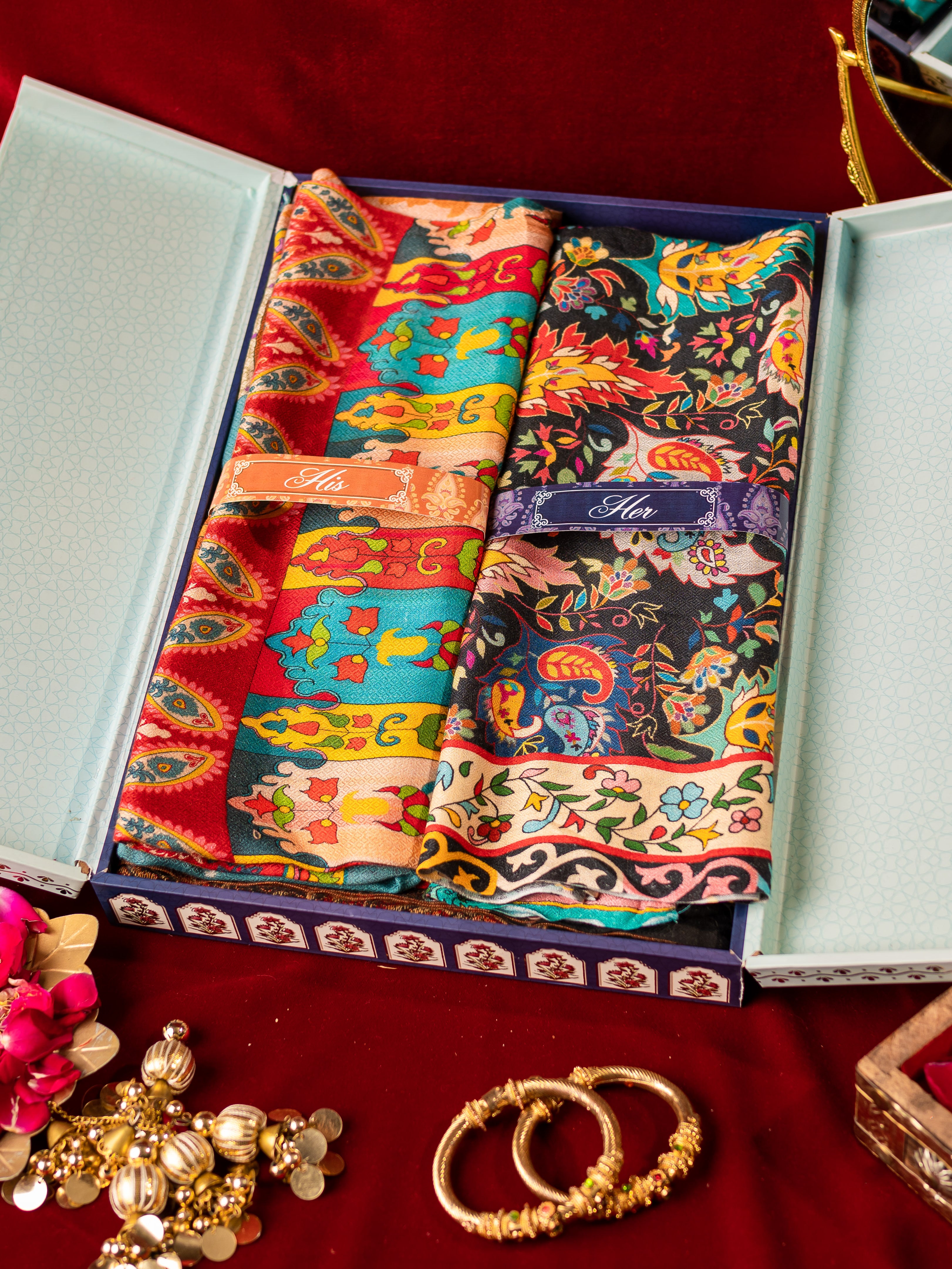 His and Her Gift Set of Multi printed Stoles With Wooden Gift Box