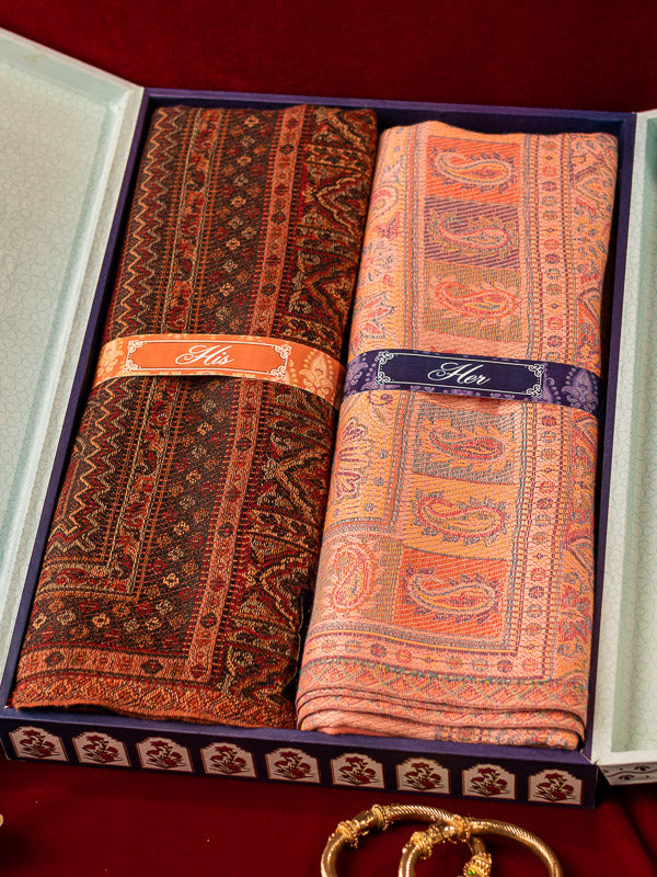 His and Her Gift Set of Jamawar Shawls  With Wooden Gift Box