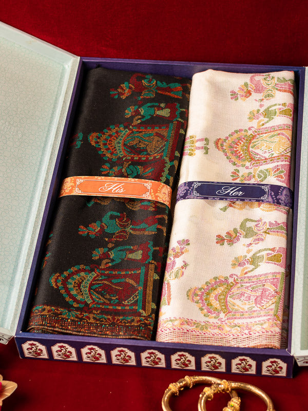 His and Her Gift Set of Kaani Stoles With Wooden Gift Box