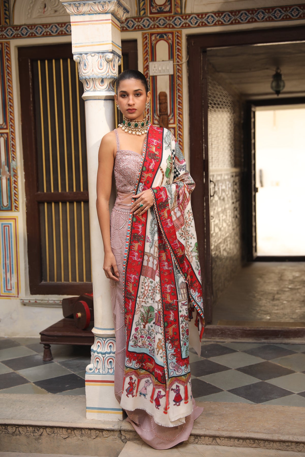 Pashmoda Women Mughal Bagh 100% Pure Wool Fabric Kalamkari Embroidered Shawl (Size: 101 × 203 cm)