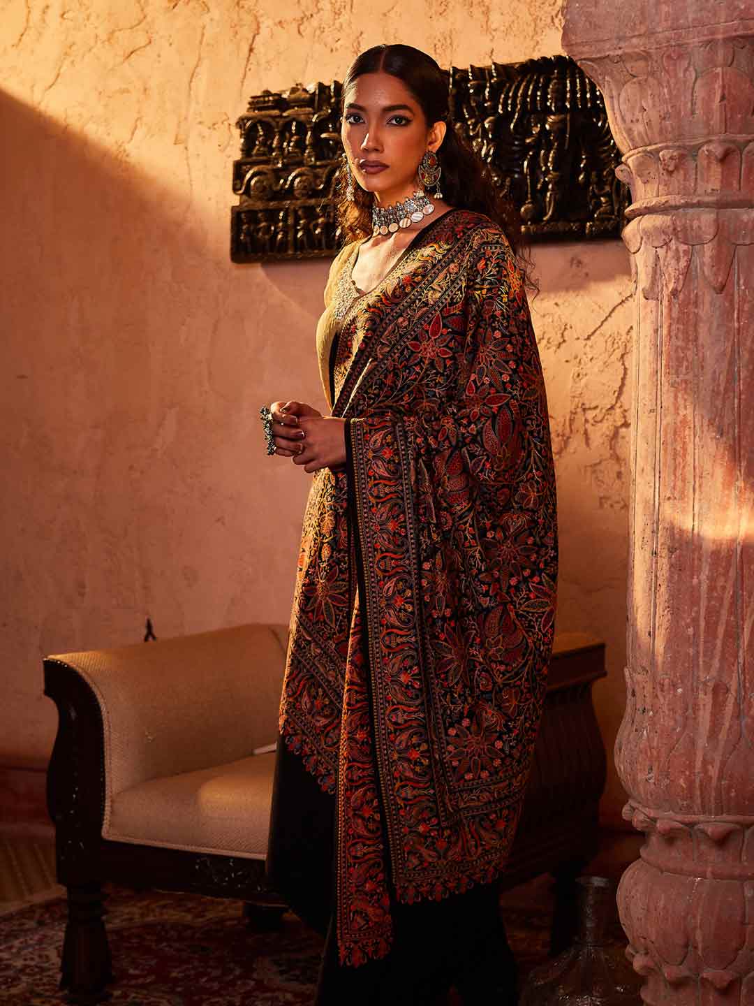 Women's Wool Sozni Hand Embroidered Shawl (Size 101X203 CM)