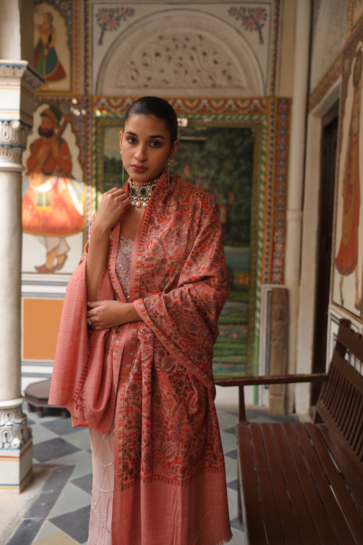 Women Gilkaari 100% Pure Wool Embroidered Shawl (Size 101X203 CM)