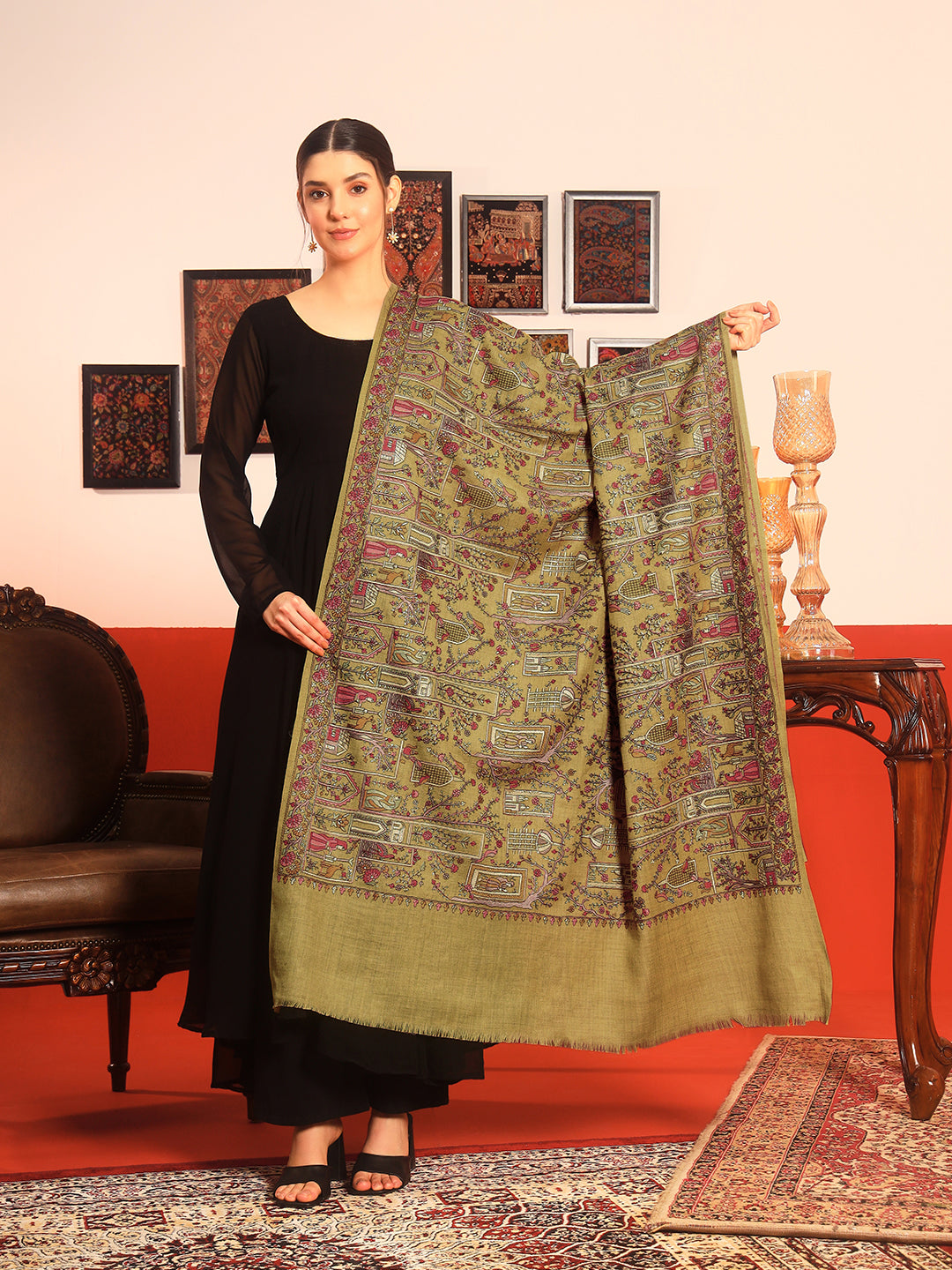 His and Her Gift Set of 100% Pure Wool Check Stole and 100% Pure Wool Sozni Embroidered Shawl With Wooden Gift Box