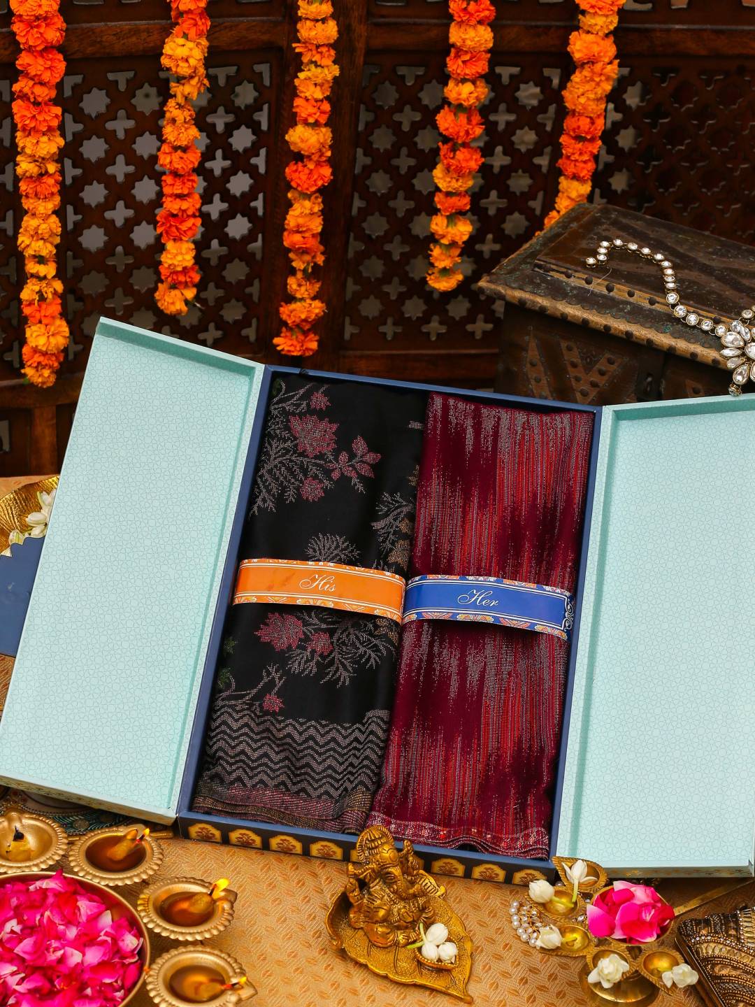 His and Her Gift Set of Acrylic Kaani Stoles With Wooden Gift Box