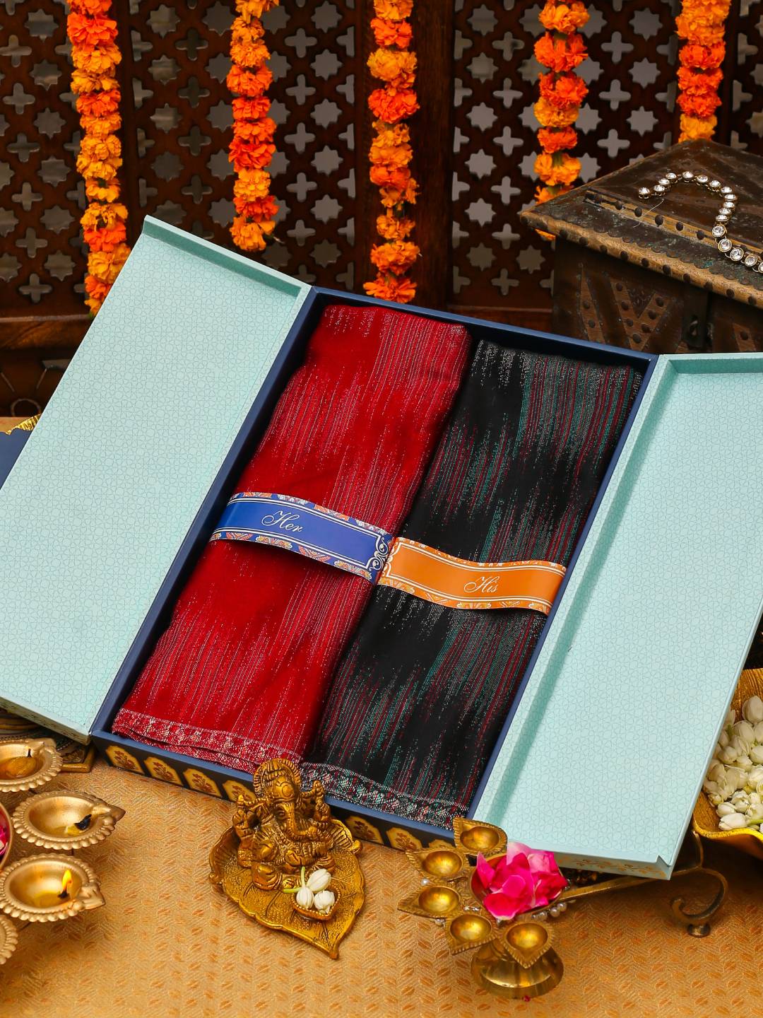 His and Her Gift Set of Acrylic Kaani Stoles With Wooden Gift Box