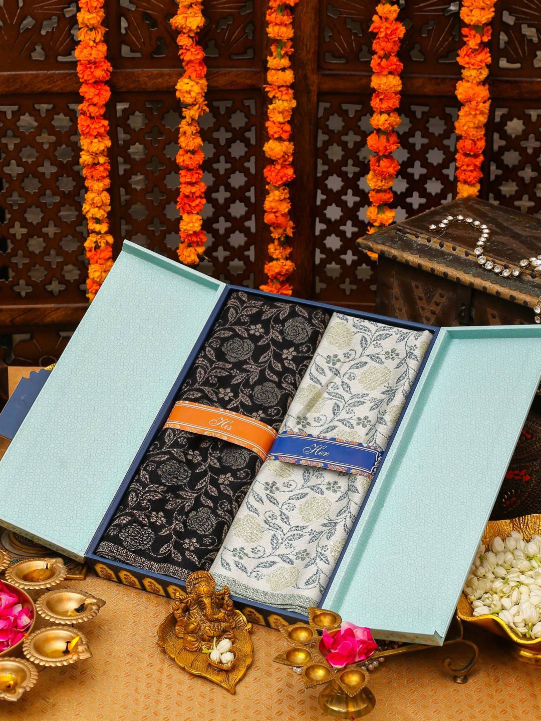 His and Her Gift Set of Acrylic Kaani Stoles With Wooden Gift Box